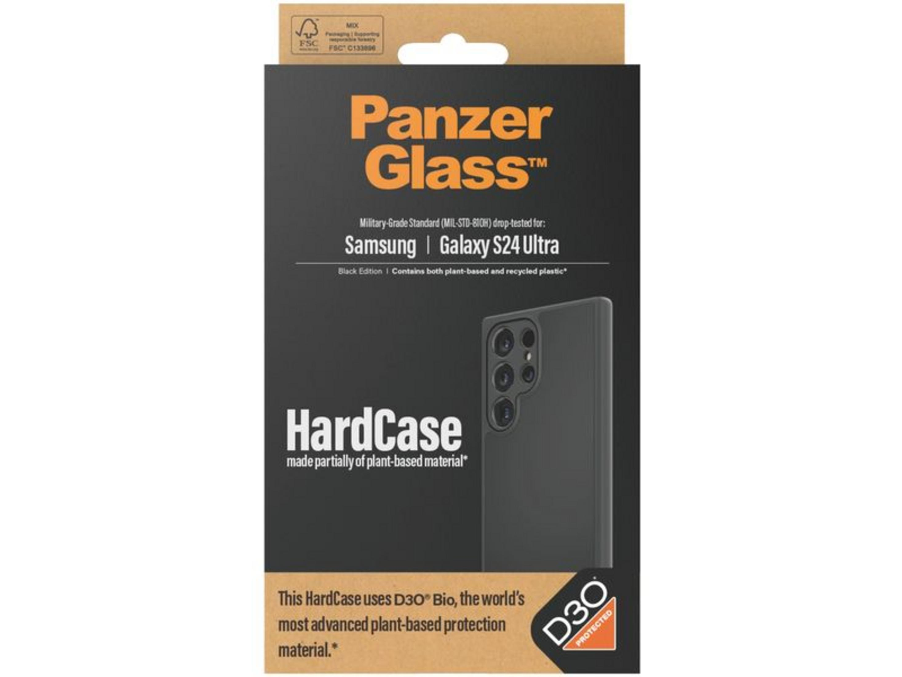 Confezione Panzer Glass HardCase per Samsung Galaxy S24 Ultra, nero, a base vegetale.