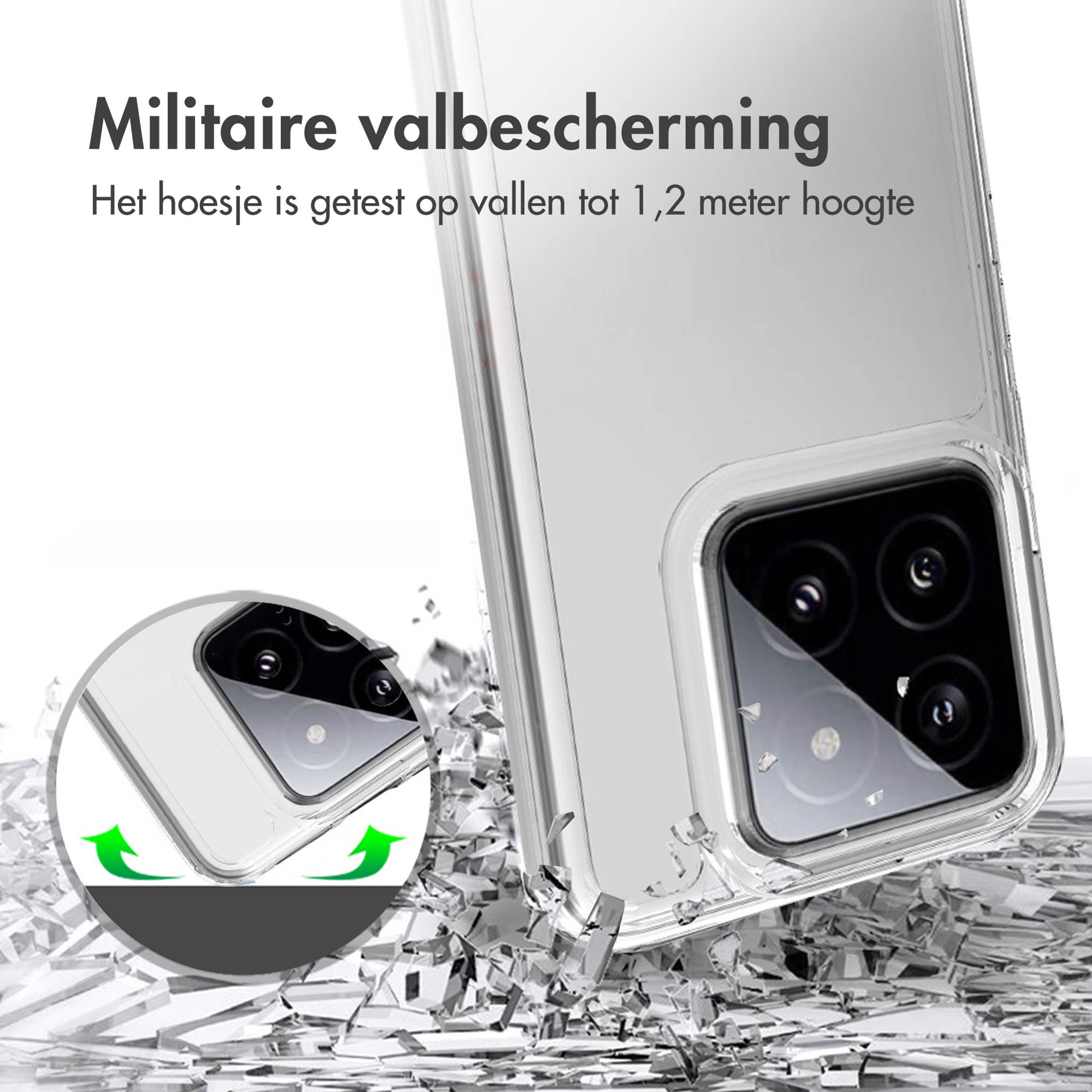 Test di caduta cover trasparente con frecce che mostrano assorbimento urti.