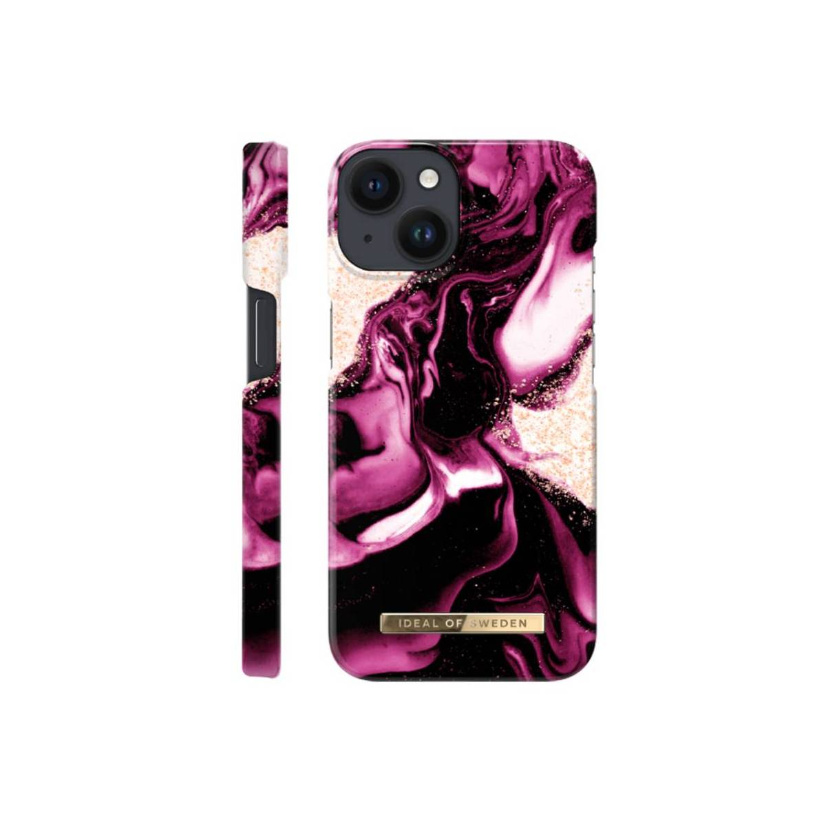 Una cover per telefono con motivo marmorizzato rosa e nero con glitter dorato. A sinistra, la vista laterale.