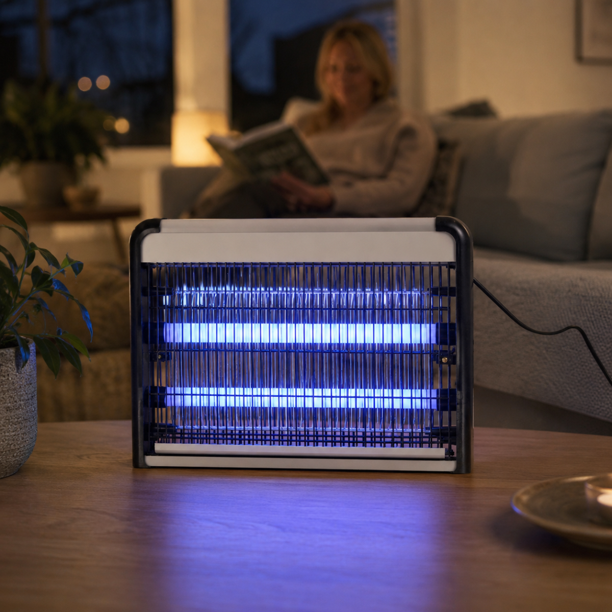 An electric insect killer with blue lights sits on a wooden table. A woman reads in the background.