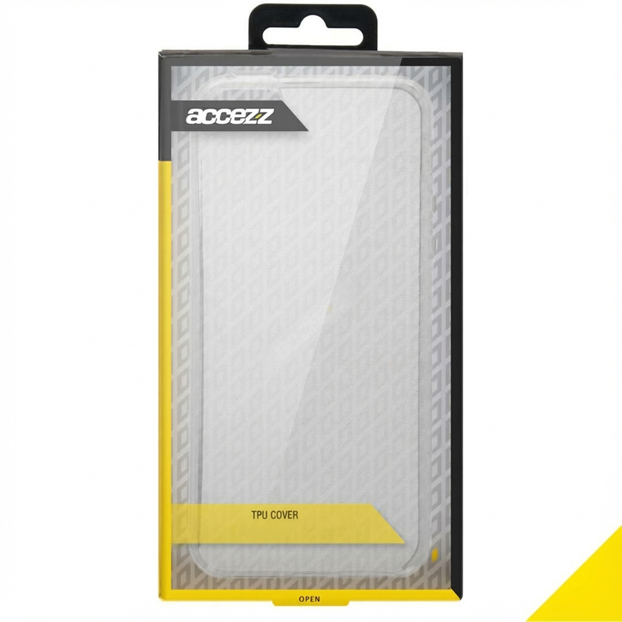 Verpackung für eine transparente TPU-Handyhülle mit gelben Akzenten.