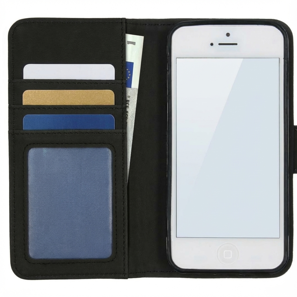 Custodia a portafoglio nera con iPhone, carte di credito e banconota.