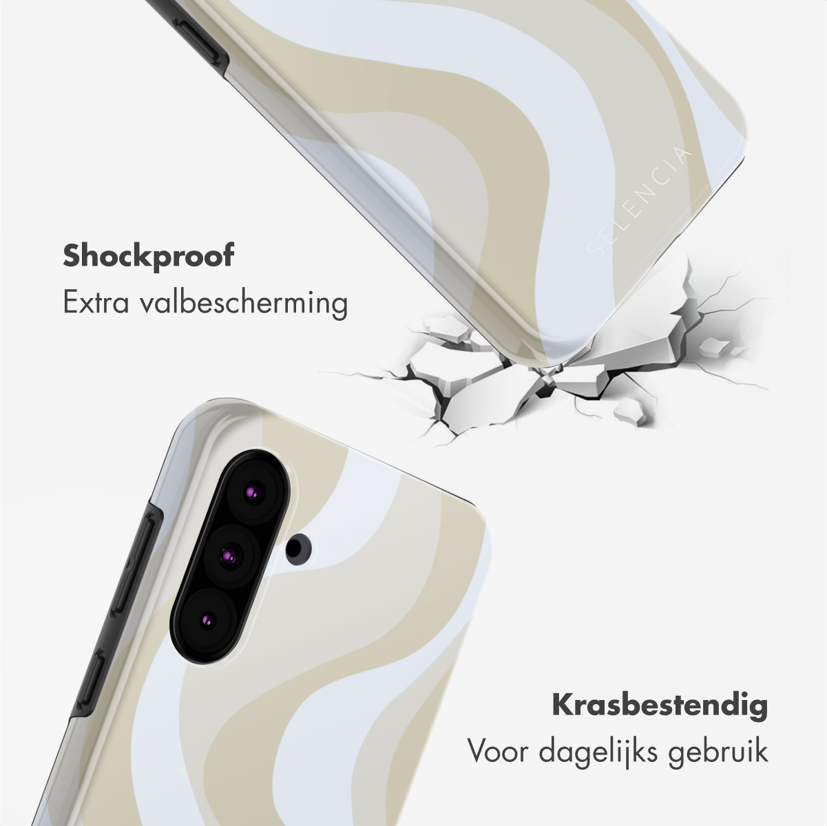 Una cover per telefono con motivo a onde beige e bianche che cade su terreno screpolato.
