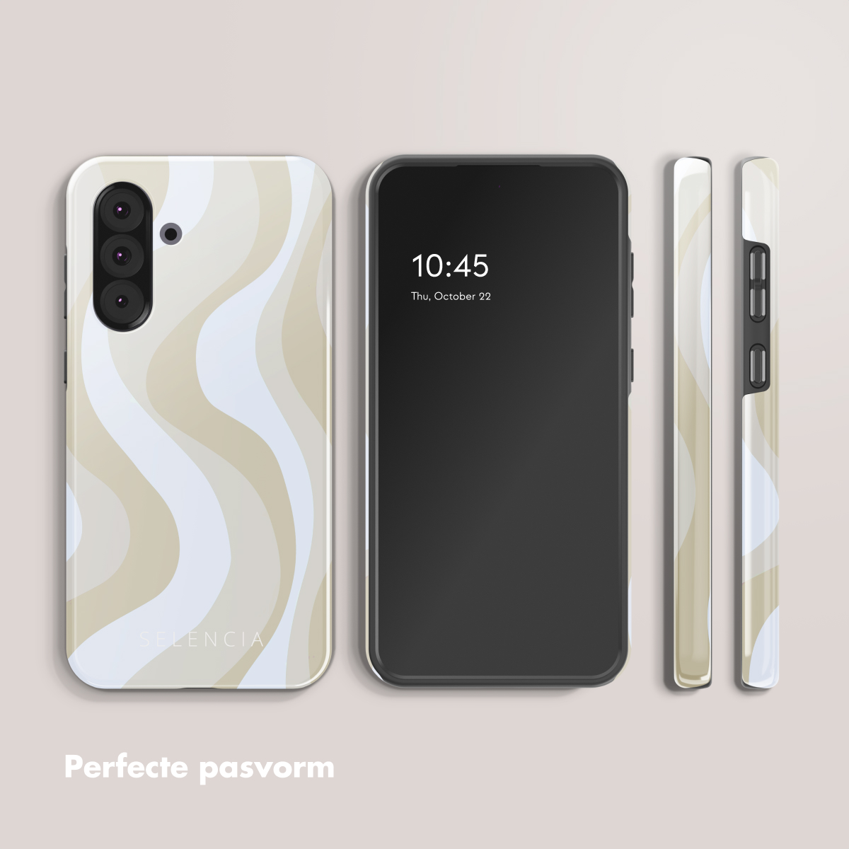 Uno smartphone con motivo ondulato beige e bianco, e il telefono accanto.