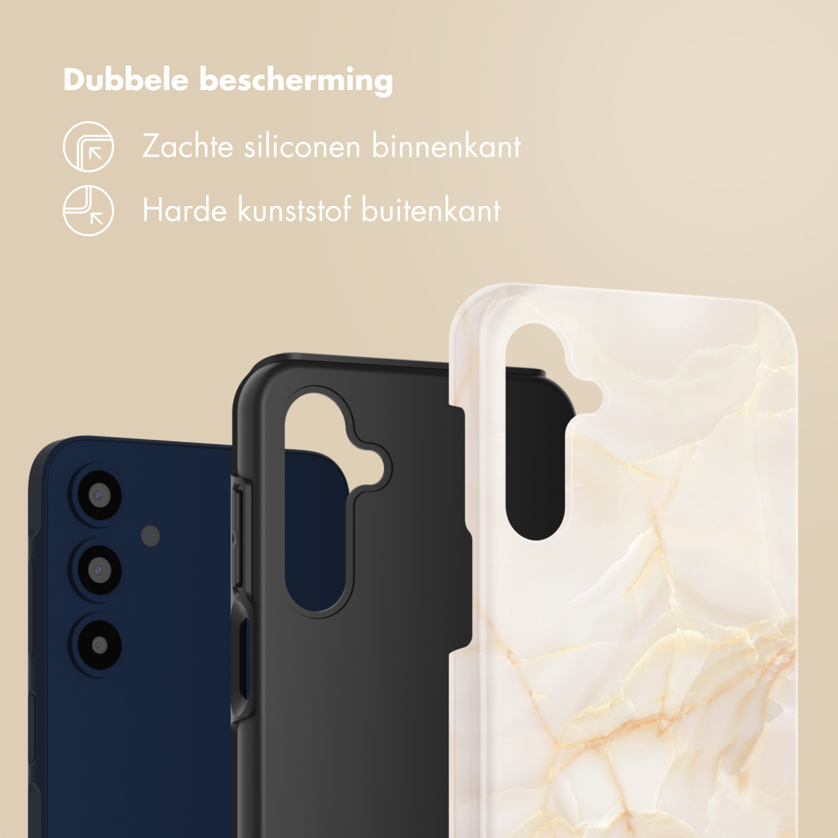 Tre cover per telefono: blu scuro, nero e fantasia marmo.