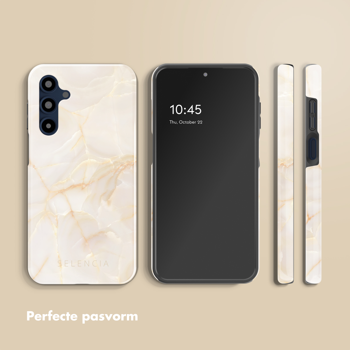 Un telefono con custodia effetto marmo e viste laterali.