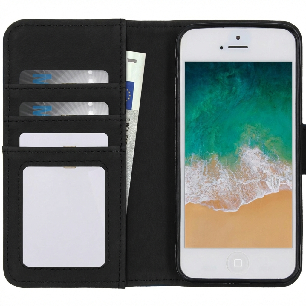 Custodia a portafoglio nera con telefono, slot per carte e tasca.