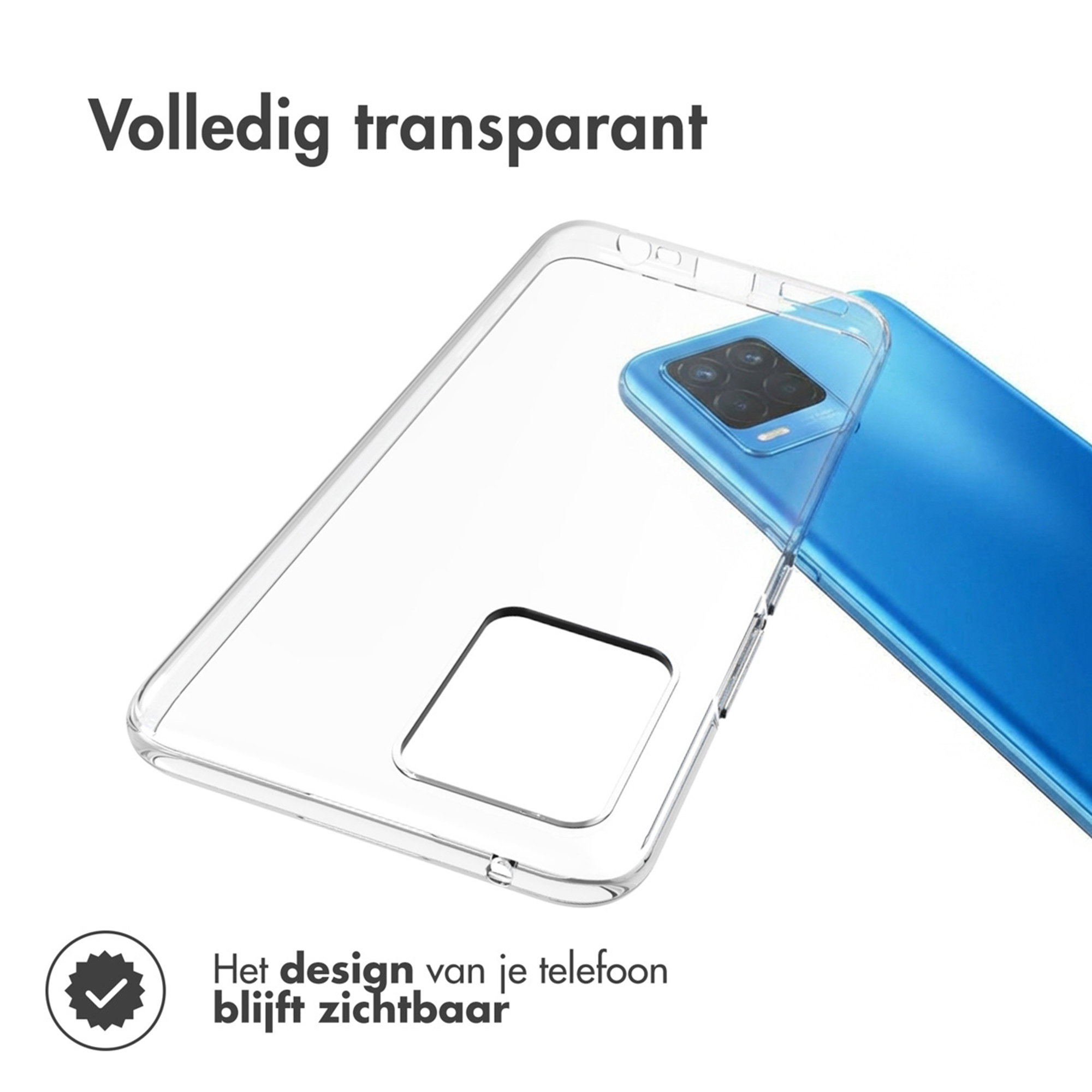 Custodia trasparente su smartphone blu con quadrupla fotocamera.