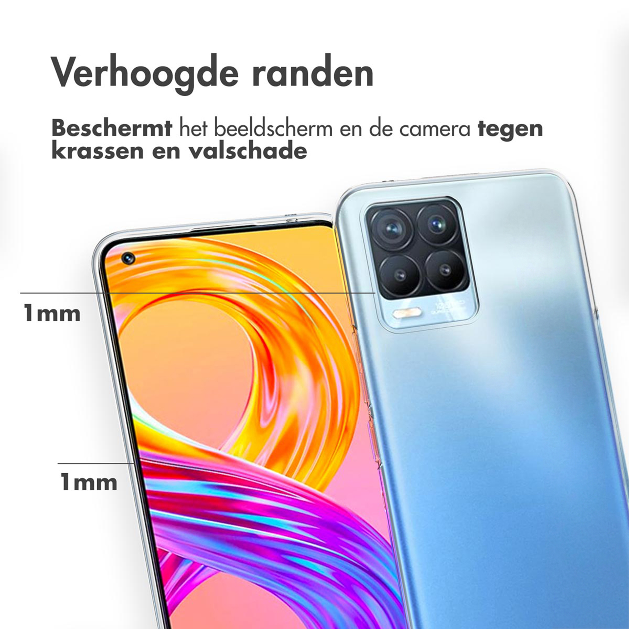Uno smartphone con bordi rialzati, protezione da 1 mm per schermo e fotocamera.