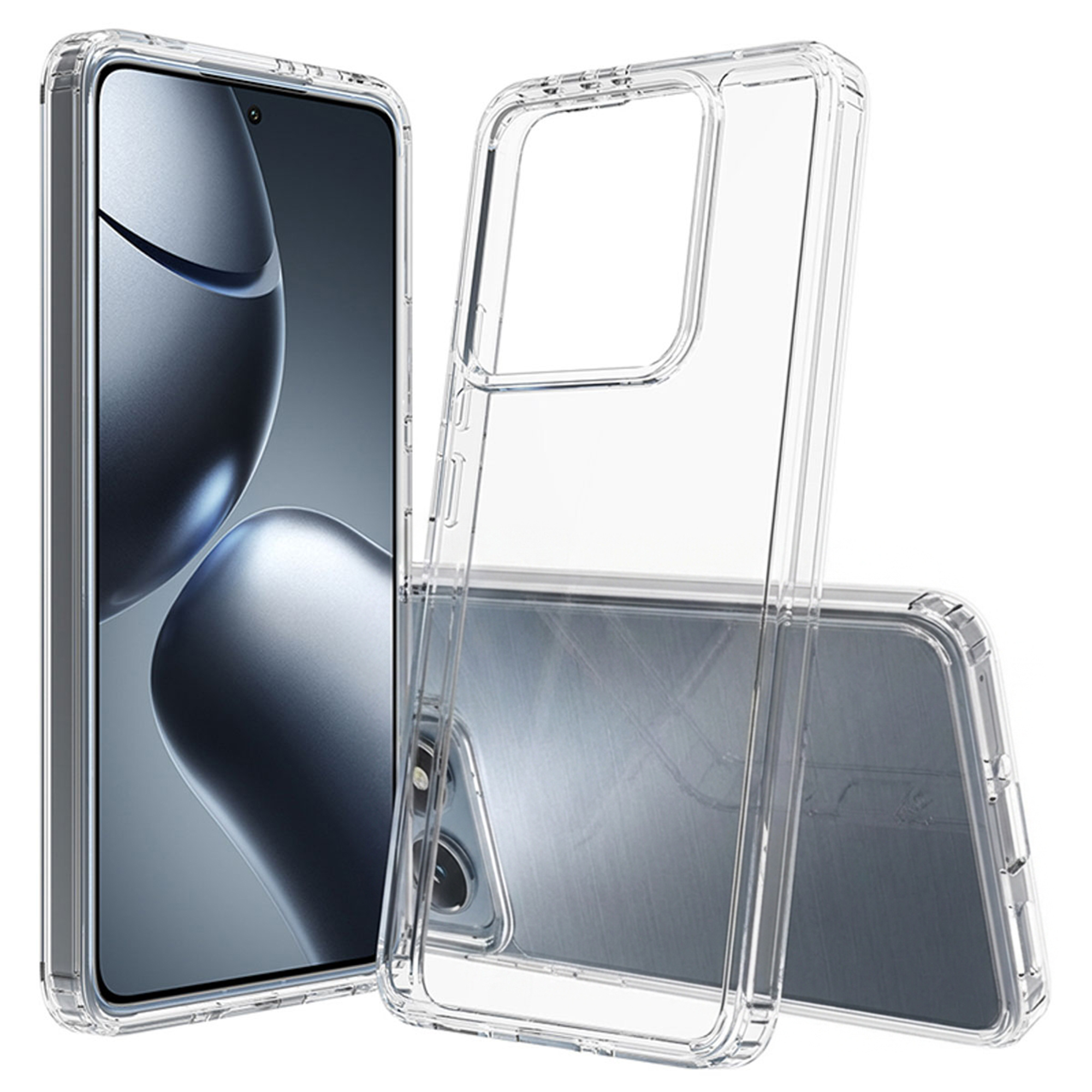 Una custodia trasparente giace accanto a uno smartphone in una custodia.