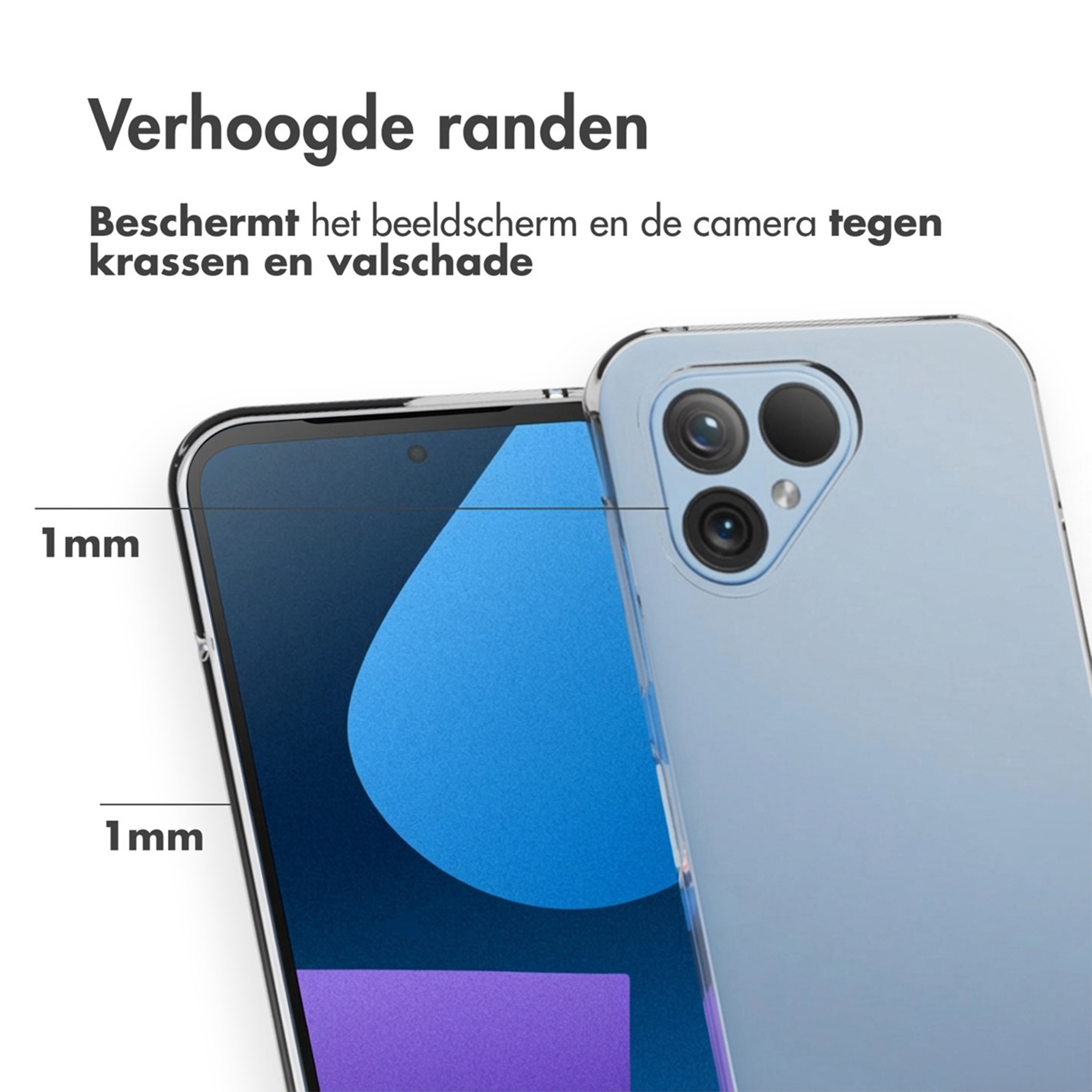 Un telefono azzurro con cornice fotocamera e bordo schermo rialzati.