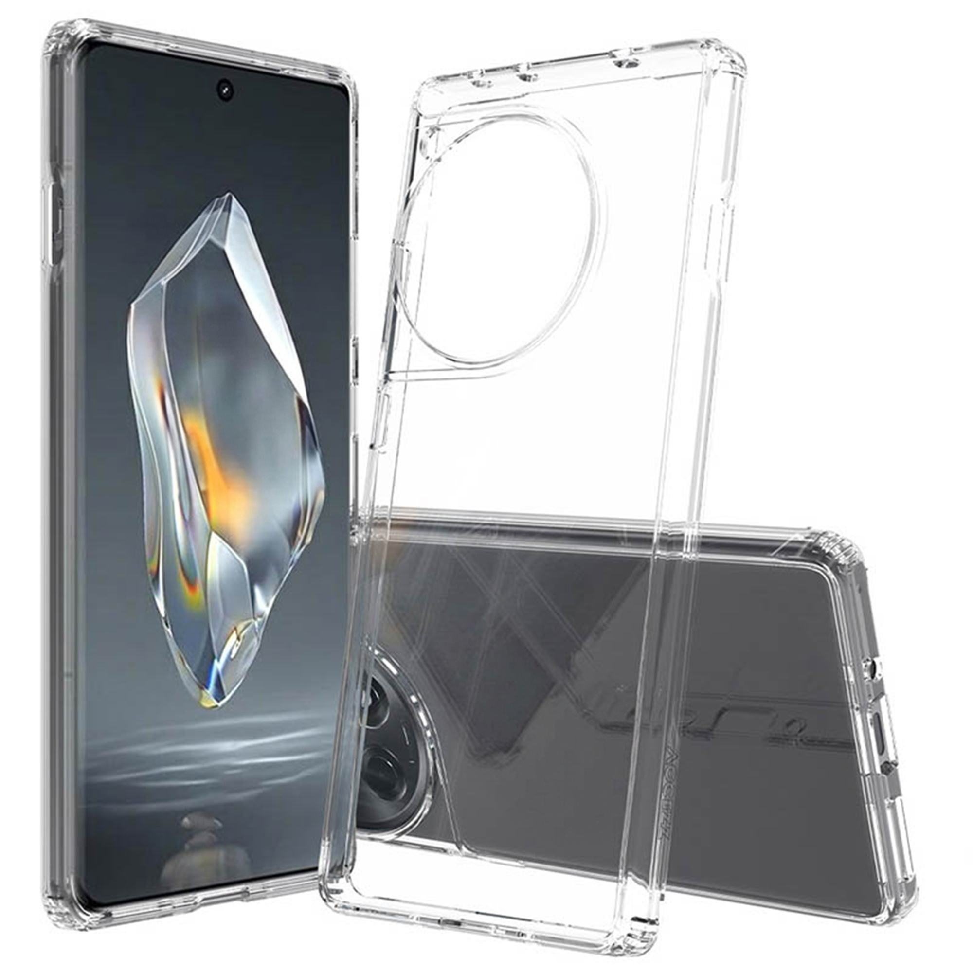 Una custodia trasparente in gomma accanto a uno smartphone che mostra un design astratto sullo schermo.