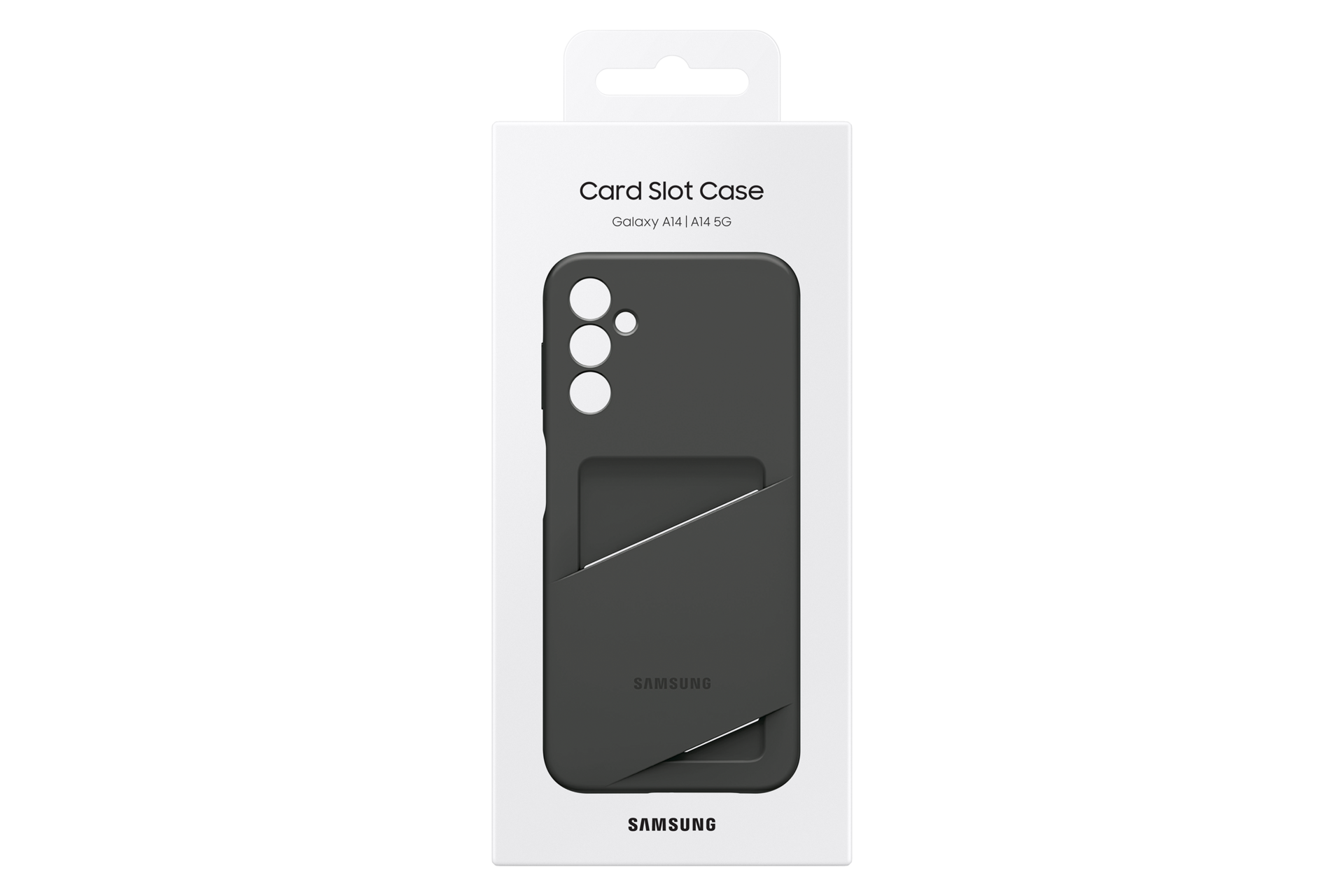 Funda gris Samsung con ranura para tarjeta para Galaxy A14 5G en empaque.