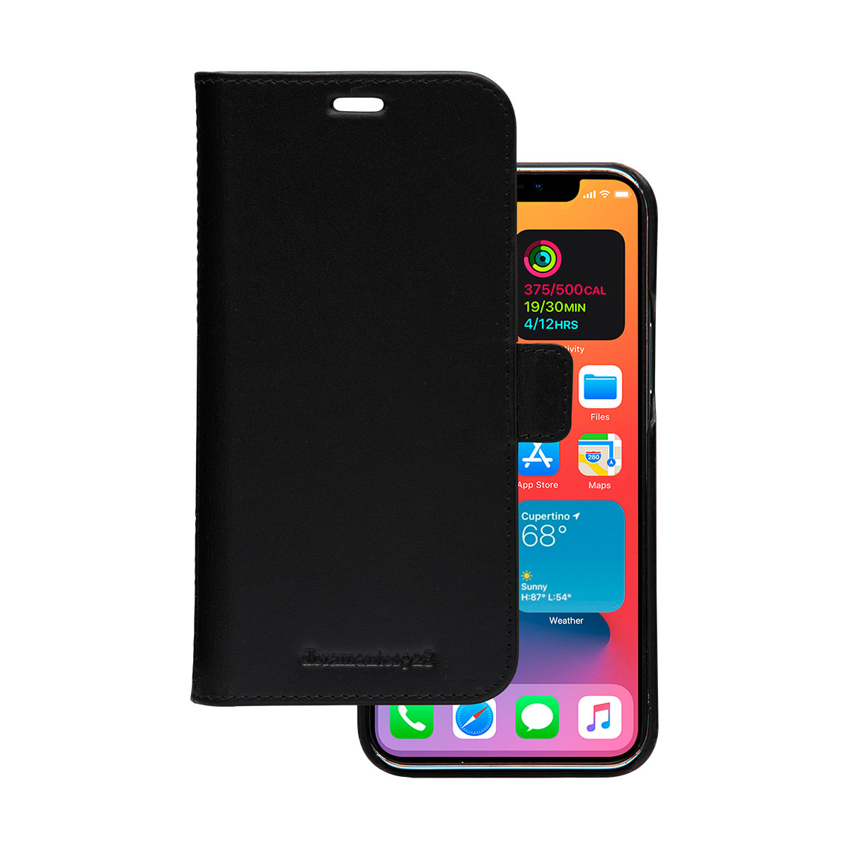 Custodia a libro nera accanto a un iPhone con widget meteo e attività.