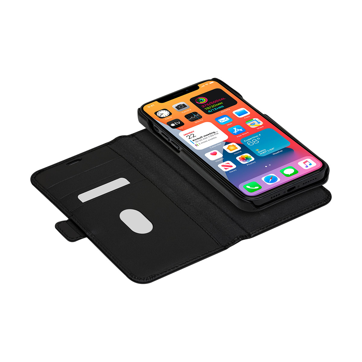 Custodia a libro nera per telefono con un iPhone sopra. L'ora è 9:41.