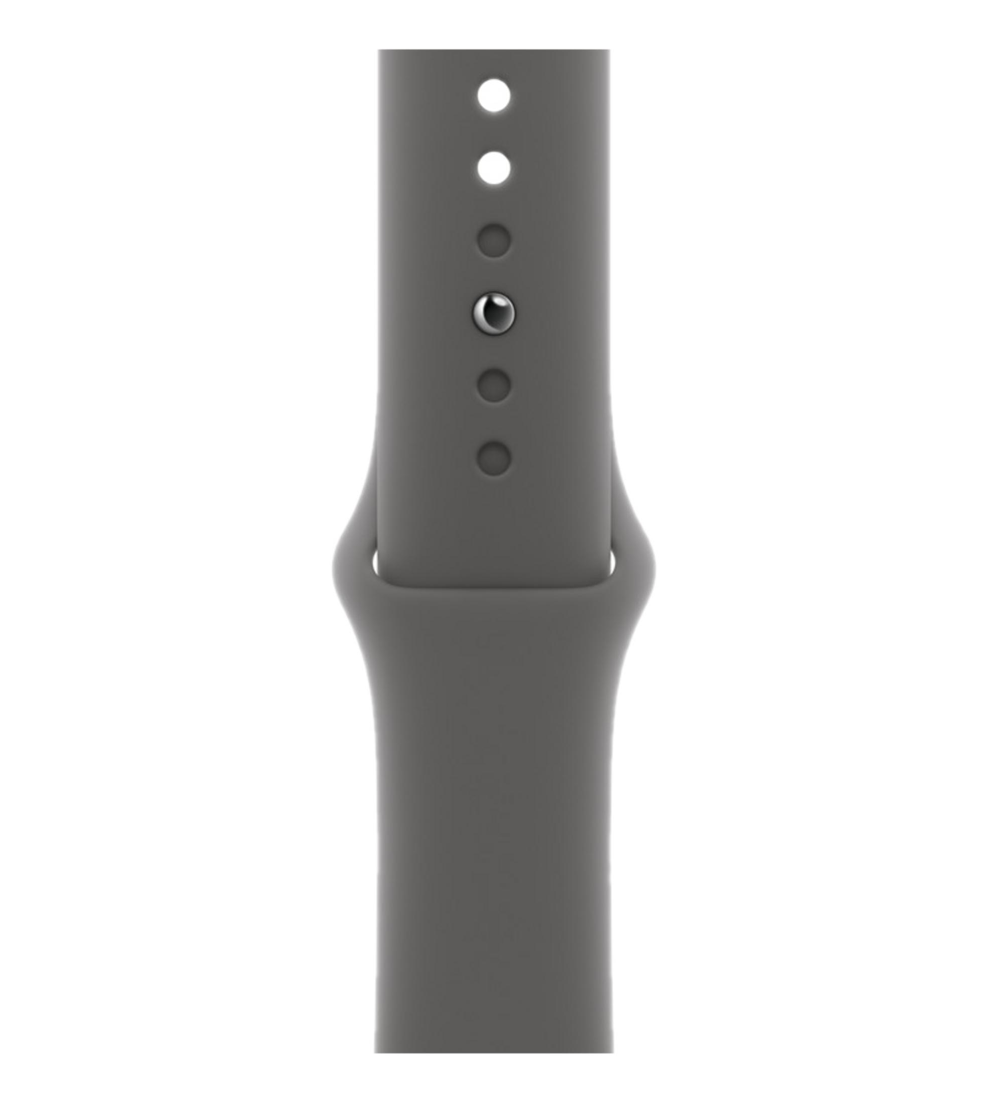 Cinturino grigio per orologio con fori e fibbia ad ardiglione.
