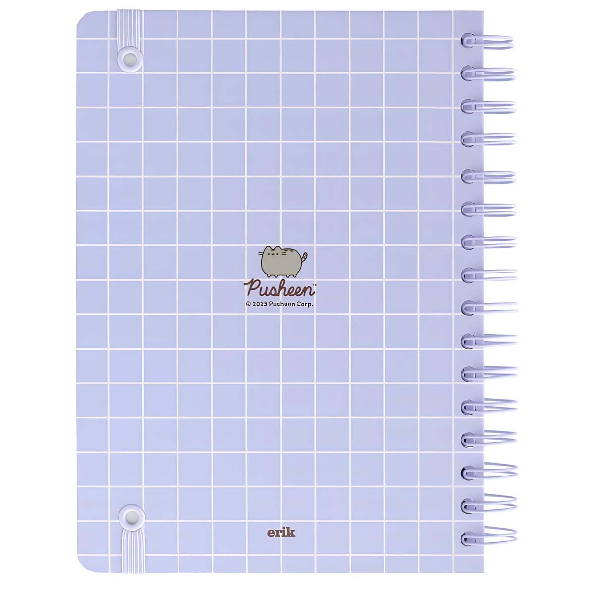 Hellviolettes Notizbuch mit Gitternetzmuster, Pusheen-Logo und Spiralbindung.