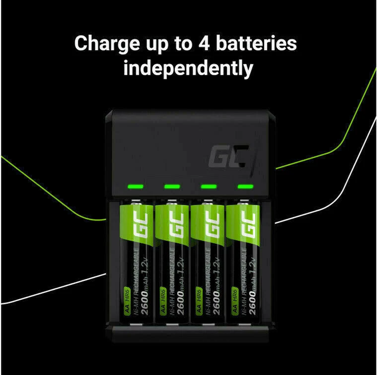 Ein schwarzes Ladegerät mit vier grünen AA-Batterien, die geladen werden.