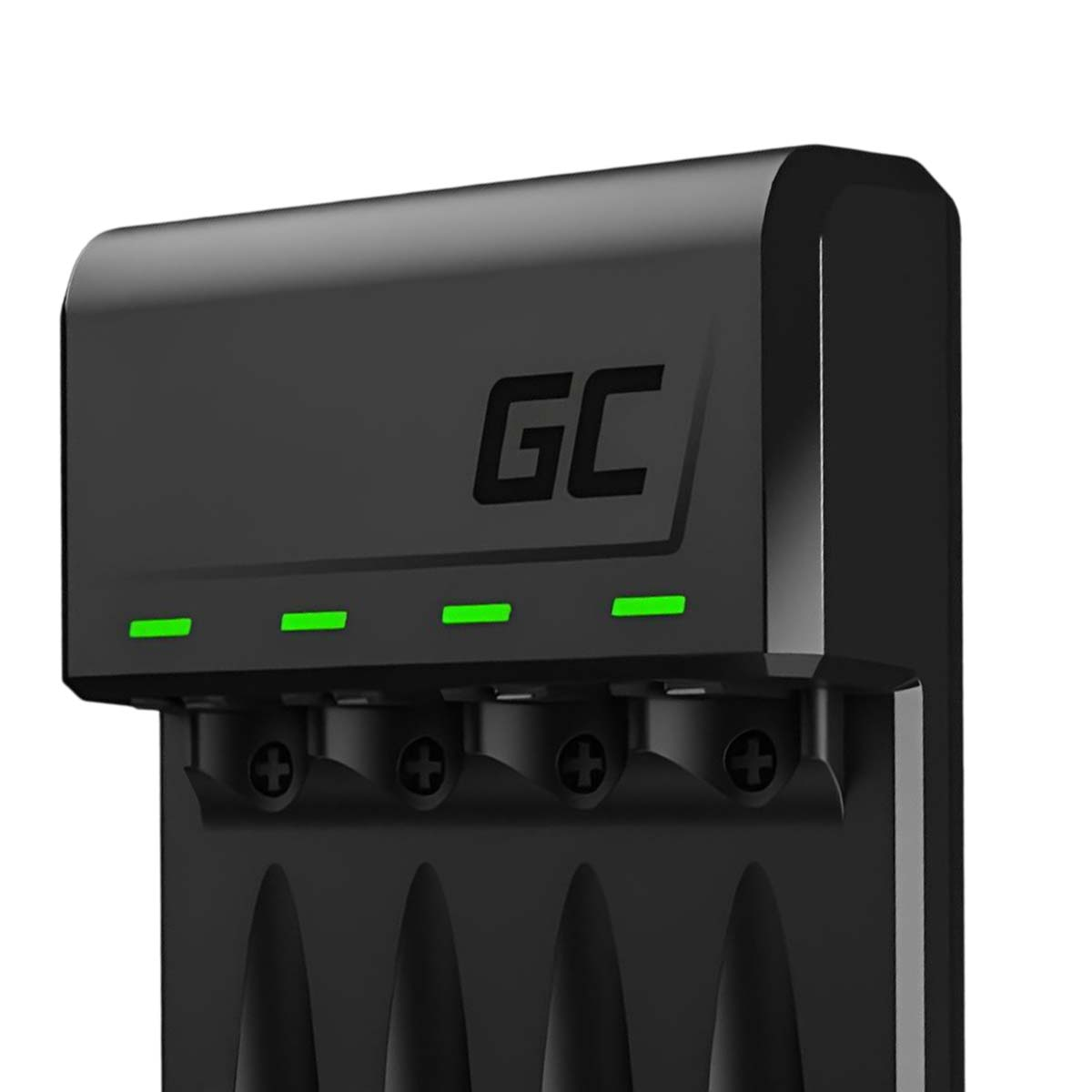 Ein schwarzes GC-Akkuladegerät mit grünen Kontrollleuchten.
