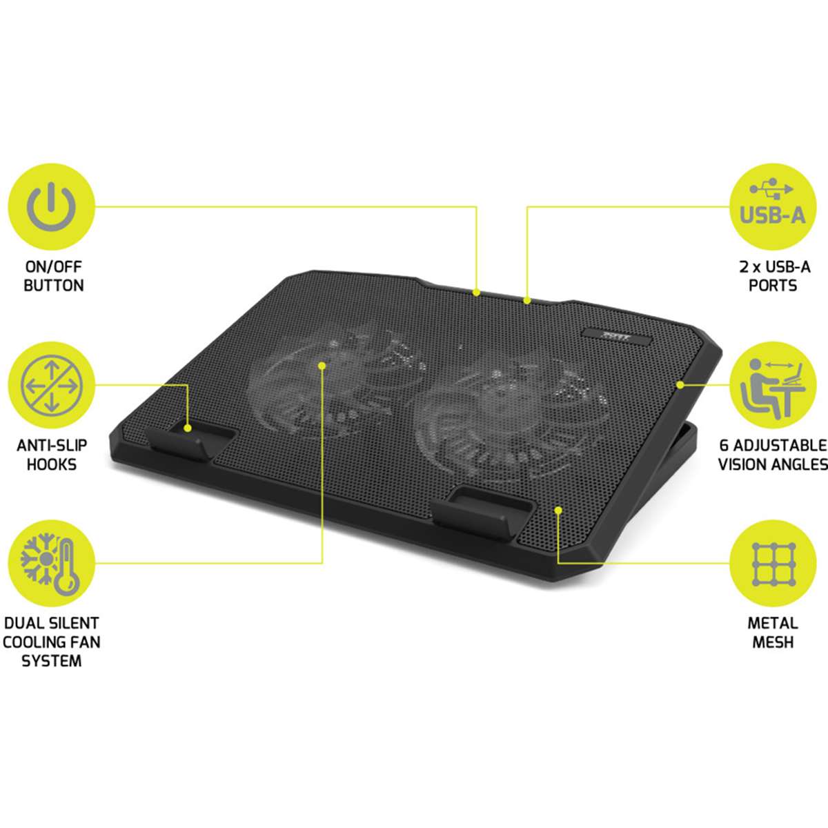 Schwarzer Laptop-Kühler mit zwei Lüftern, USB-Anschlüssen, verstellbaren Winkeln.