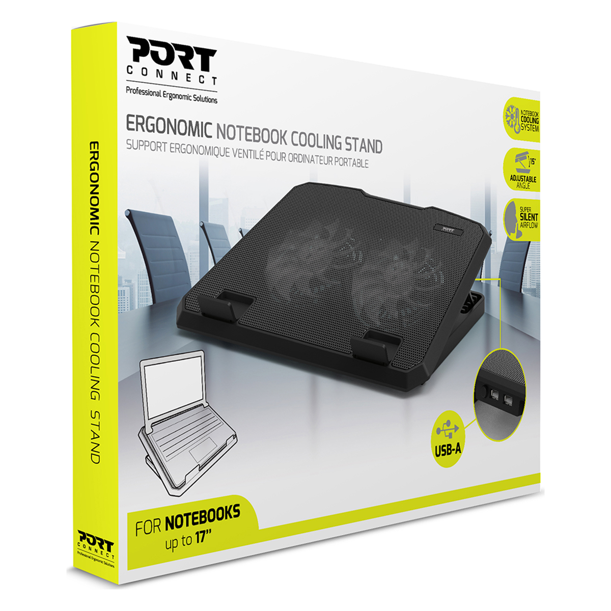 Verpackung eines schwarzen, ergonomischen Notebook-Kühlständers mit USB-A-Anschlüssen.