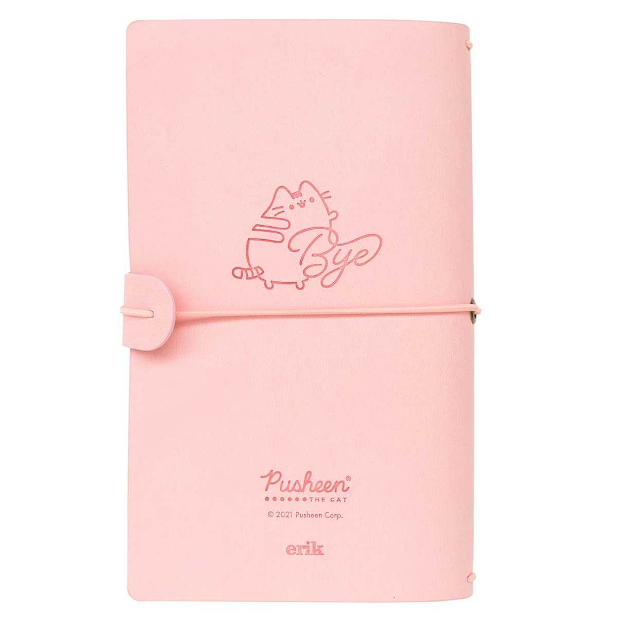 Ein rosa Notizbuch mit Pusheen dem Kätzchen und dem Wort „Bye“.