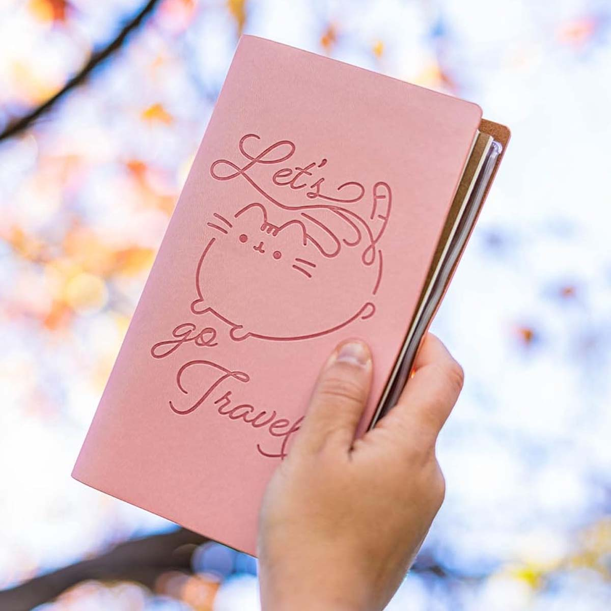 Eine Hand hält ein rosa Notizbuch mit der Aufschrift „Let's go Travel“ und einer süßen Katzenillustration.