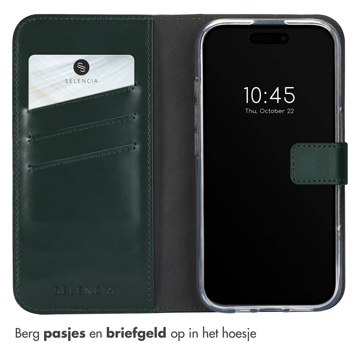 Custodia verde scuro per telefono con slot per carte e uno smartphone.