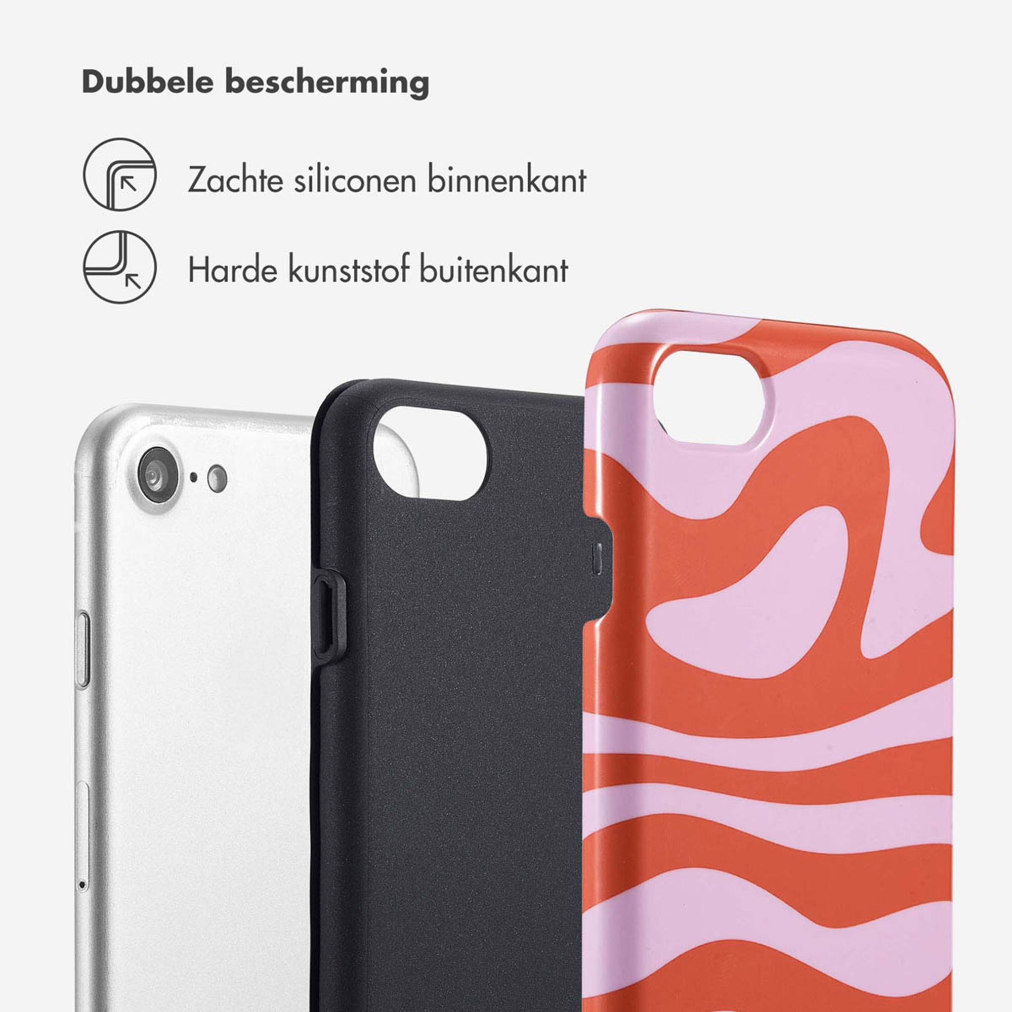 Tre cover per telefono: argento, nero e arancione con motivo a onde rosa.