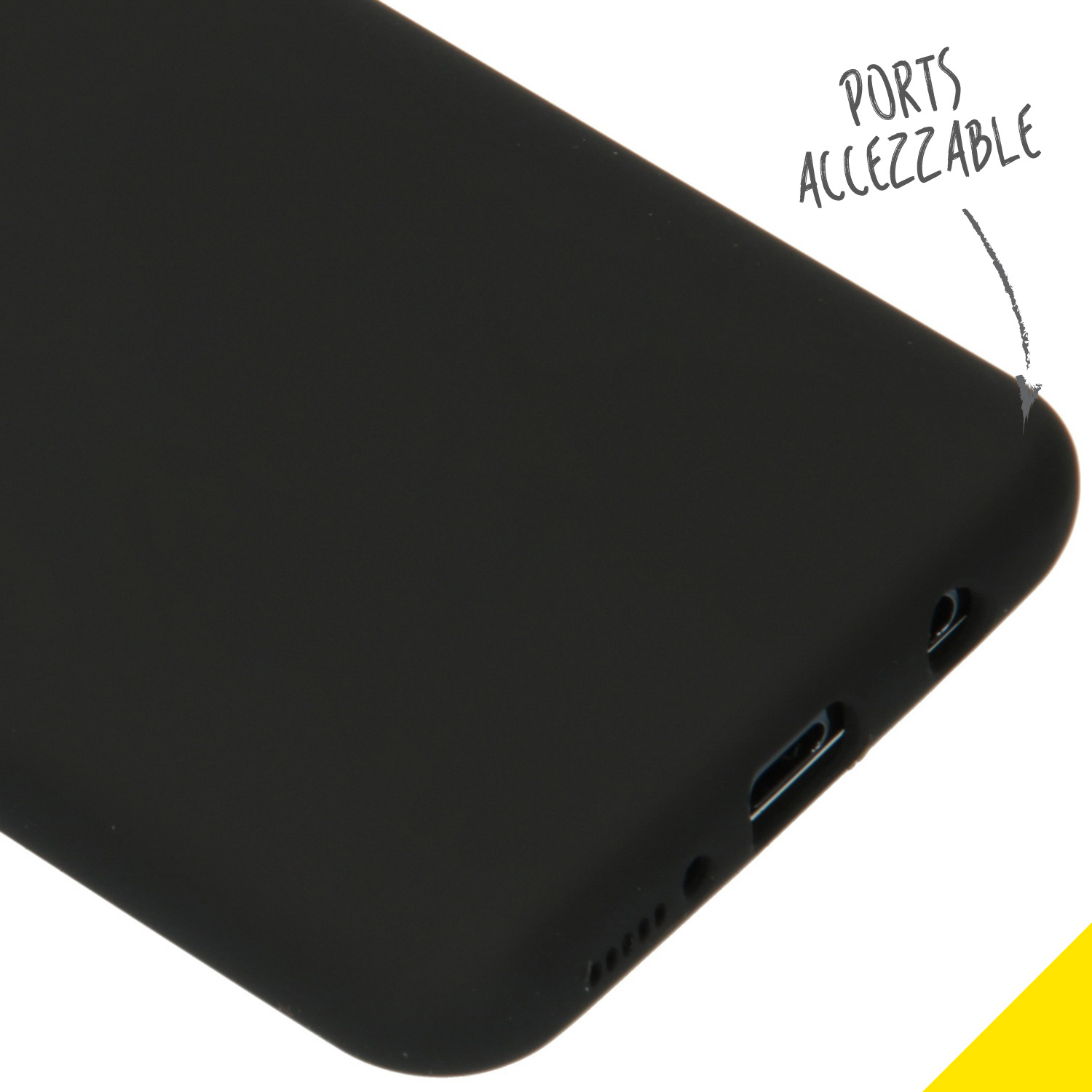 Custodia nera per telefono con porte accessibili visibili. Sfondo bianco.