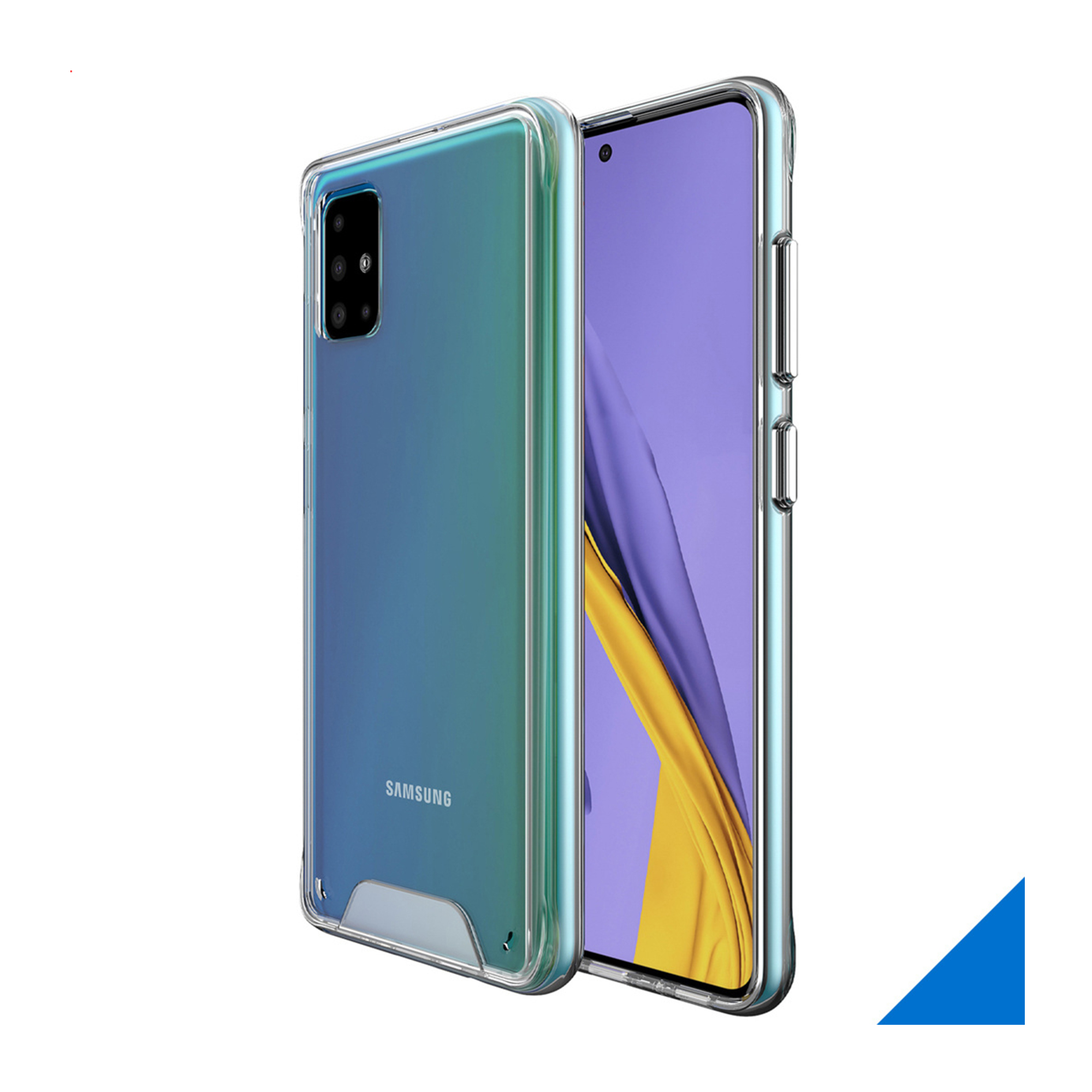 A clear phone case shows a blue-green gradient Samsung phone with a camera module.