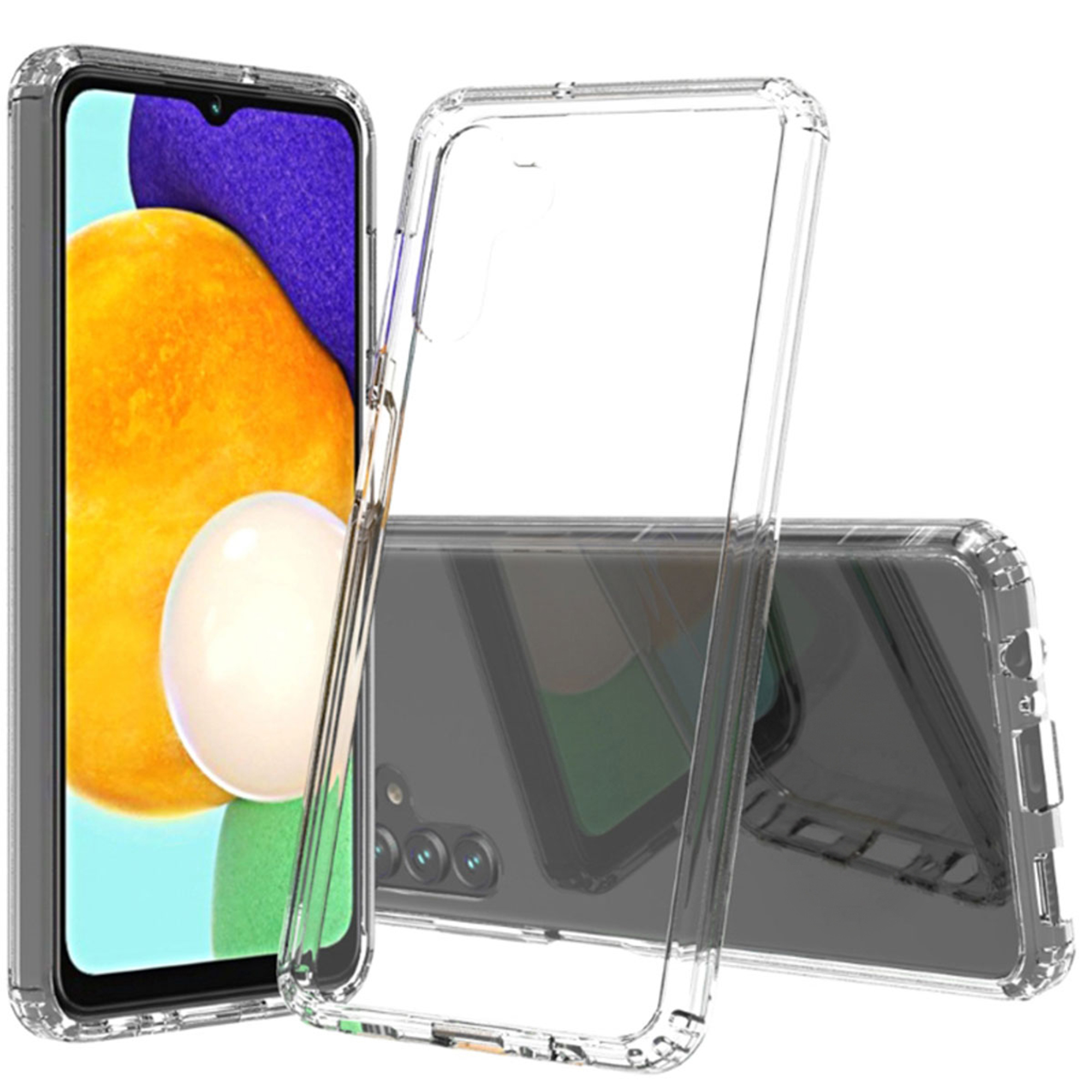 Una custodia trasparente per telefono è mostrata accanto a un telefono con schermo colorato.