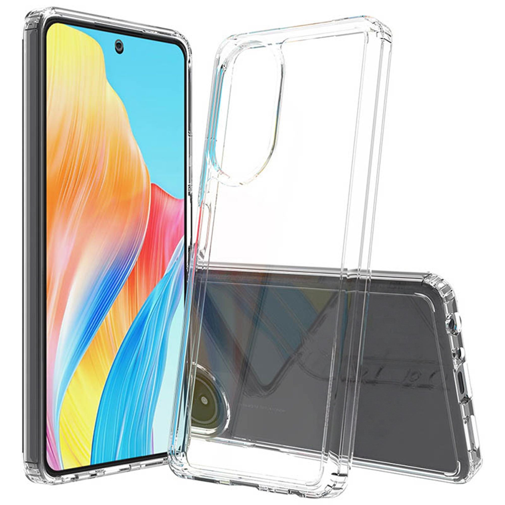 Una custodia trasparente per telefono con uno smartphone che mostra uno sfondo astratto colorato.