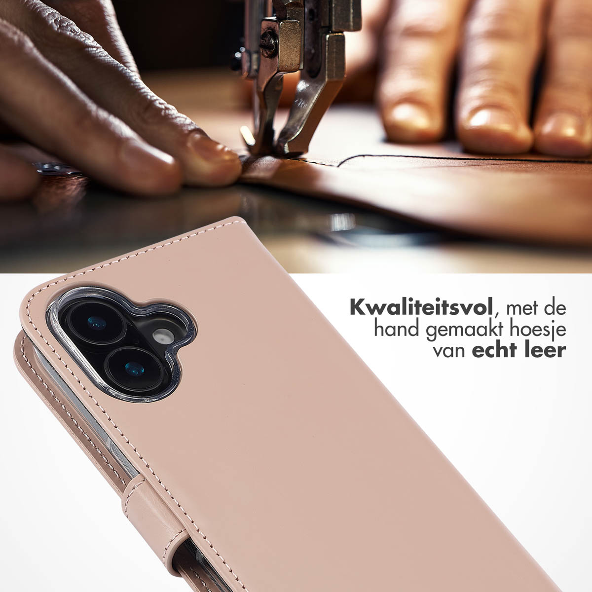Hände nähen ein Lederetui mit einer Nähmaschine. Ein rosa Handyhülle ist zu sehen.