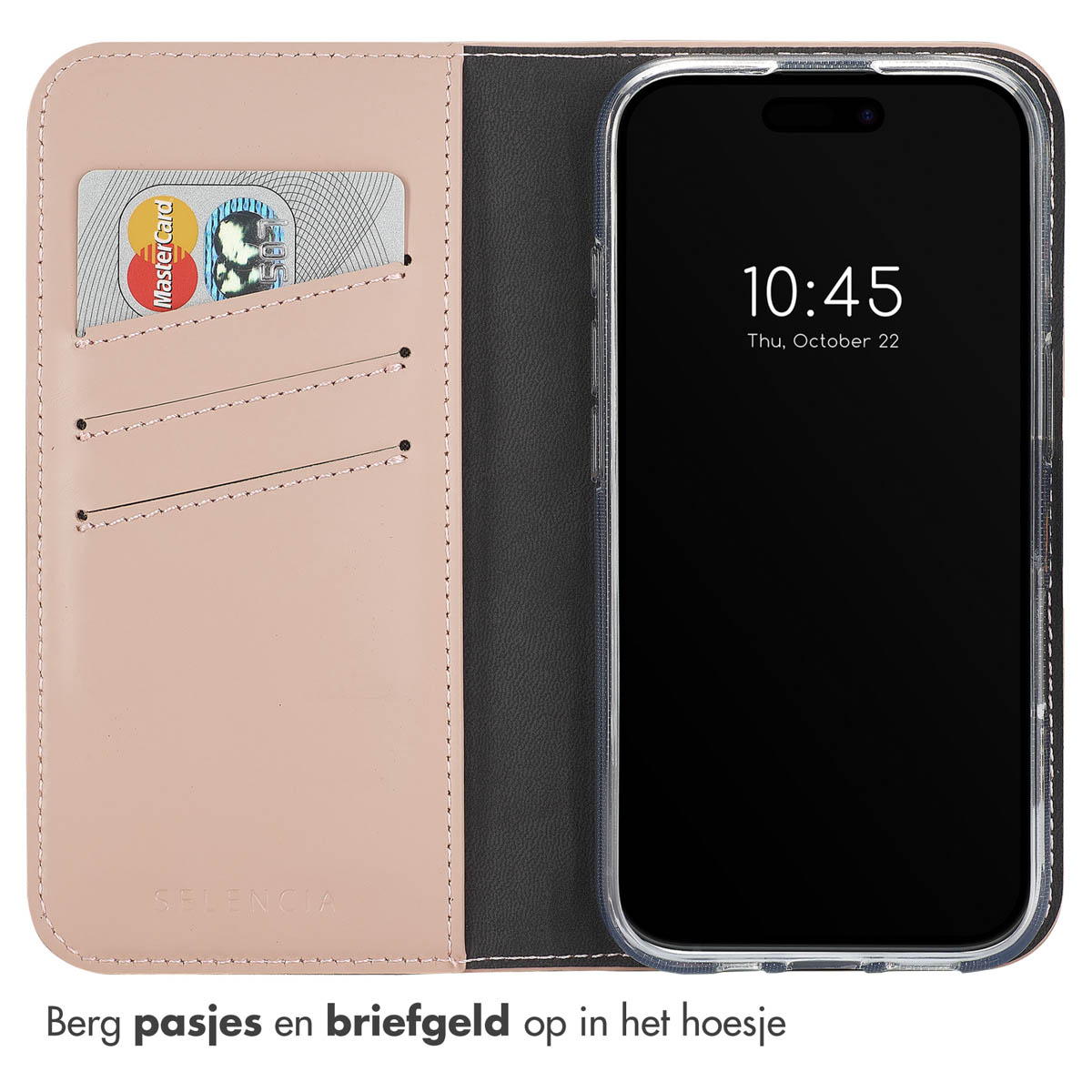 Ein rosafarbenes Handycover mit Kartenfächern und einem Smartphone mit Uhrzeit 10:45.