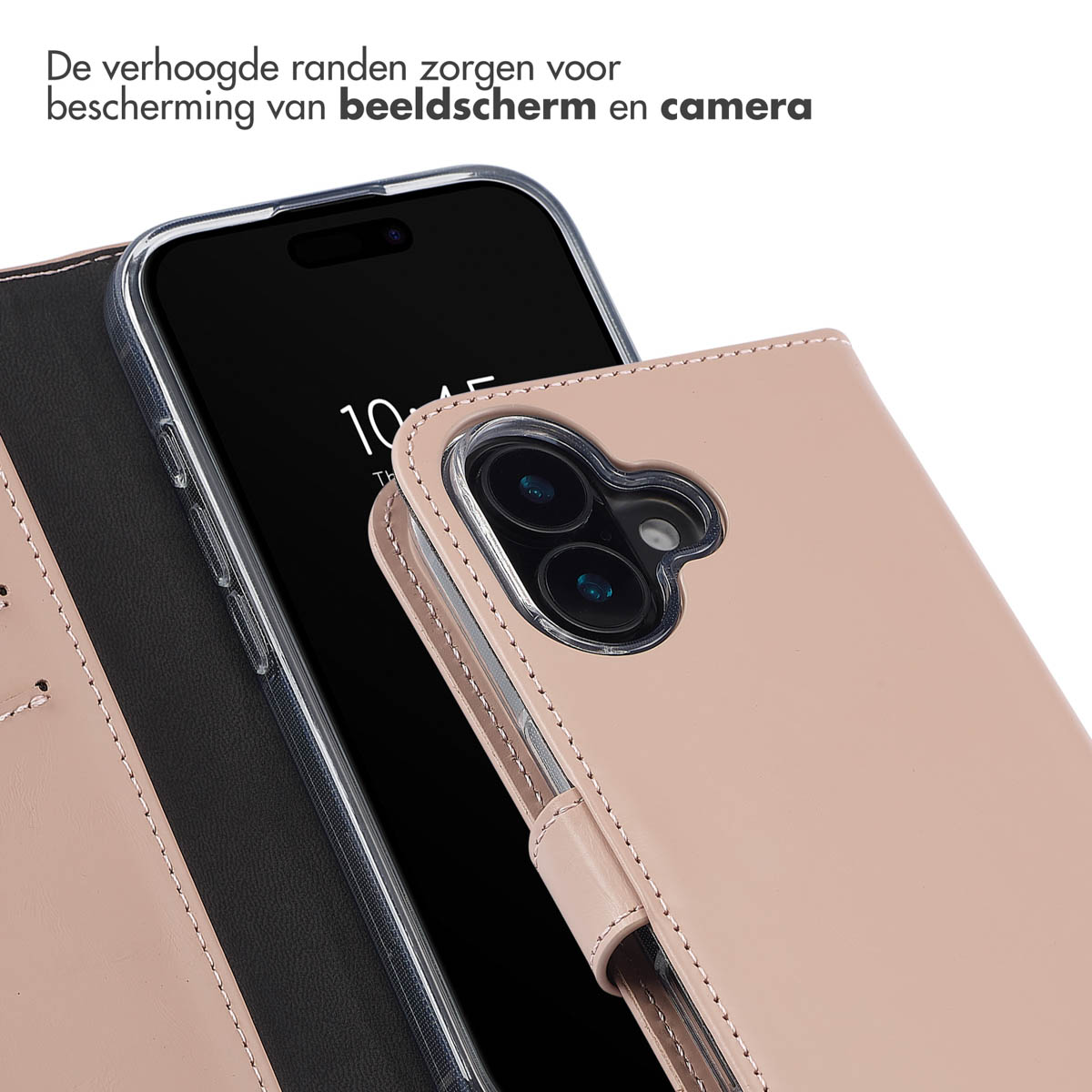 Ein rosafarbenes Handy-Flip-Case mit einem klaren Rahmen, der ein Smartphone schützt.