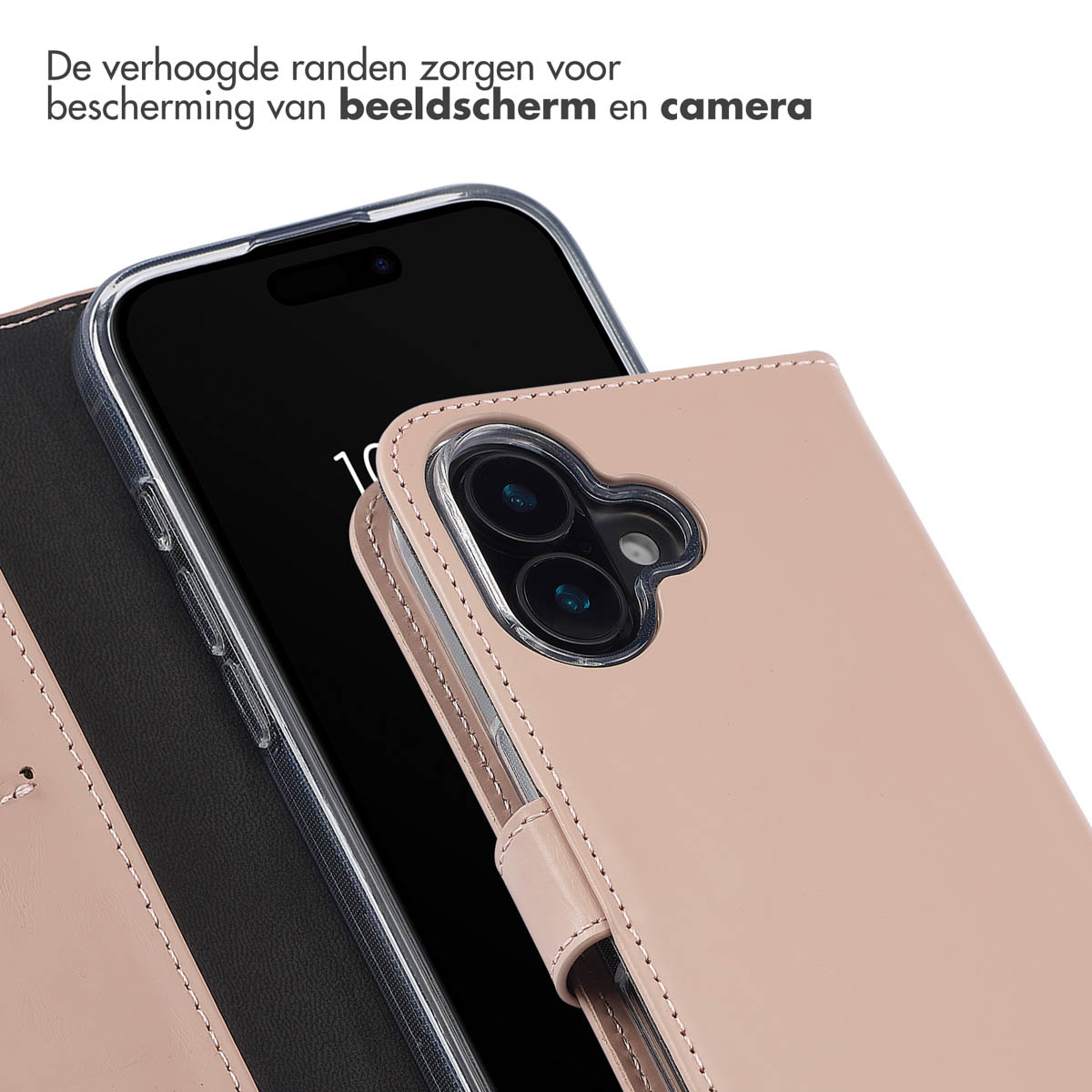 Primo piano di una custodia rosa che protegge schermo e fotocamera neri.