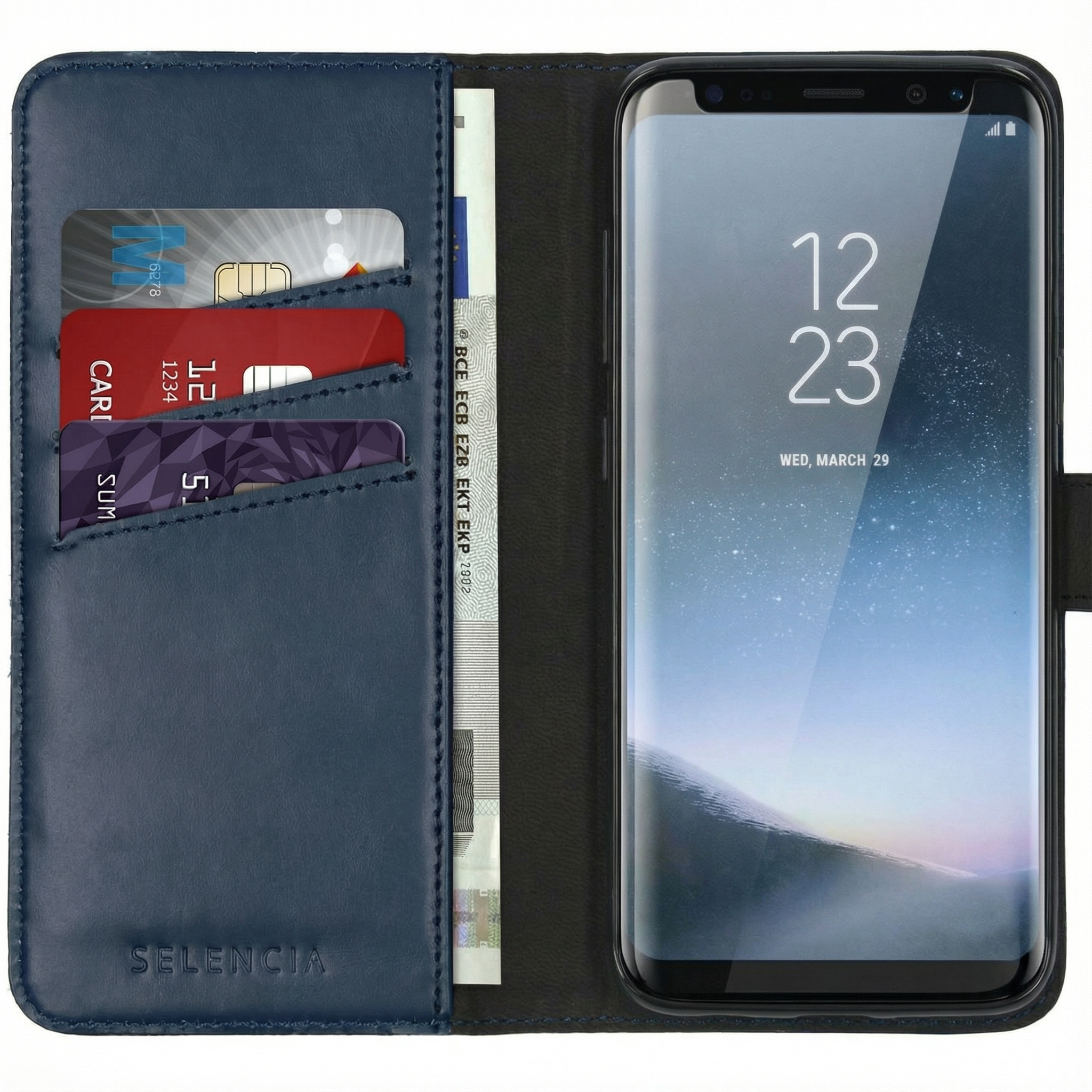 Custodia blu scuro in pelle con slot per carte e uno smartphone.
