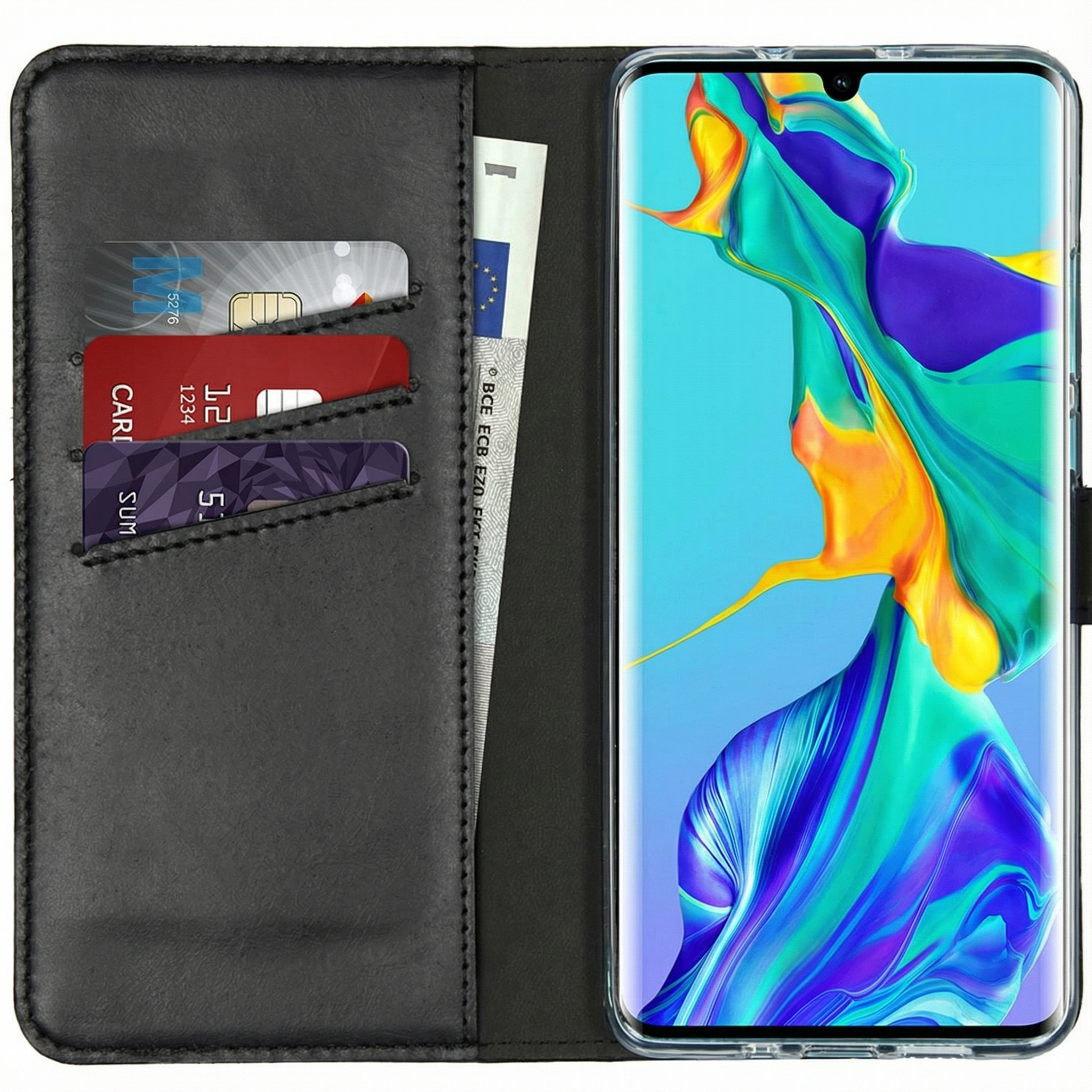Black phone case with card slots and a smartphone with a colorful wallpaper.