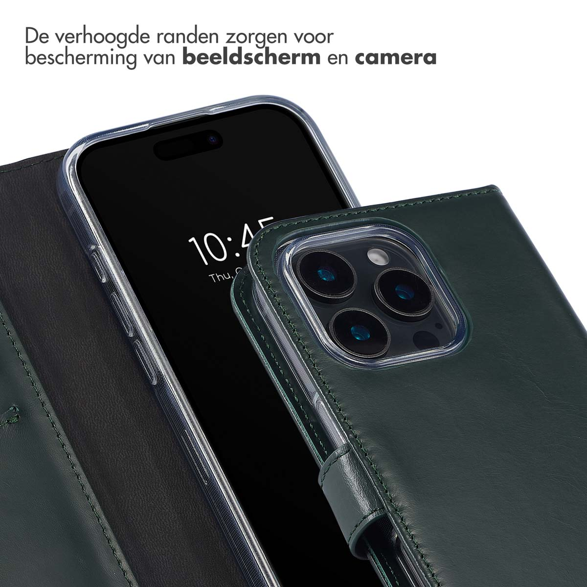 Custodia verde scuro per telefono con bordi rialzati che proteggono schermo e fotocamera.