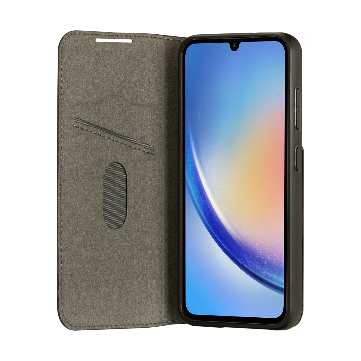 Custodia a libro grigia con smartphone che visualizza uno sfondo colorato.