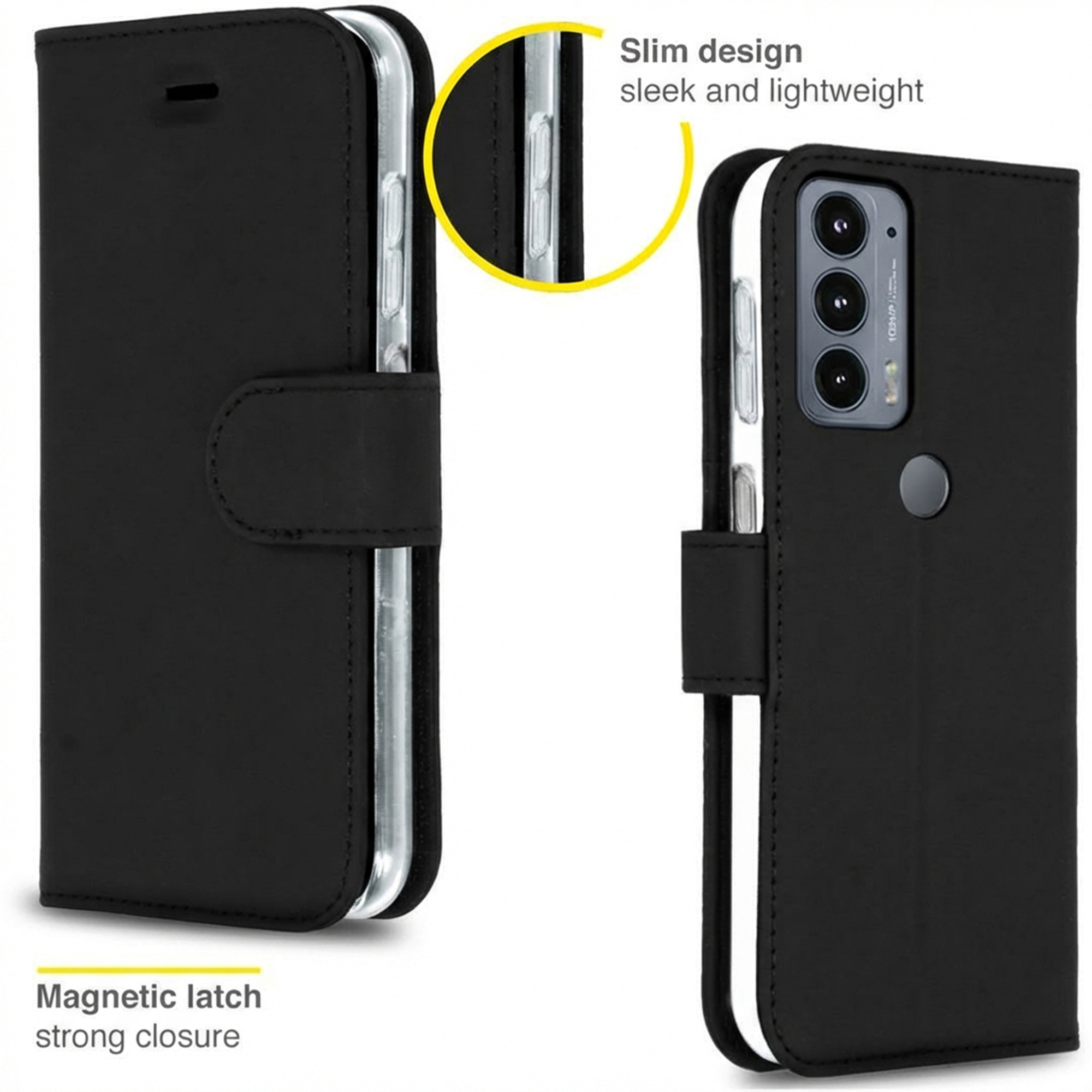 Custodia per telefono nera stile portafoglio con chiusura magnetica e apertura.
