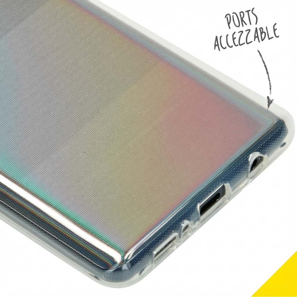 Cover trasparente per telefono con colori iridescenti e porte accessibili.