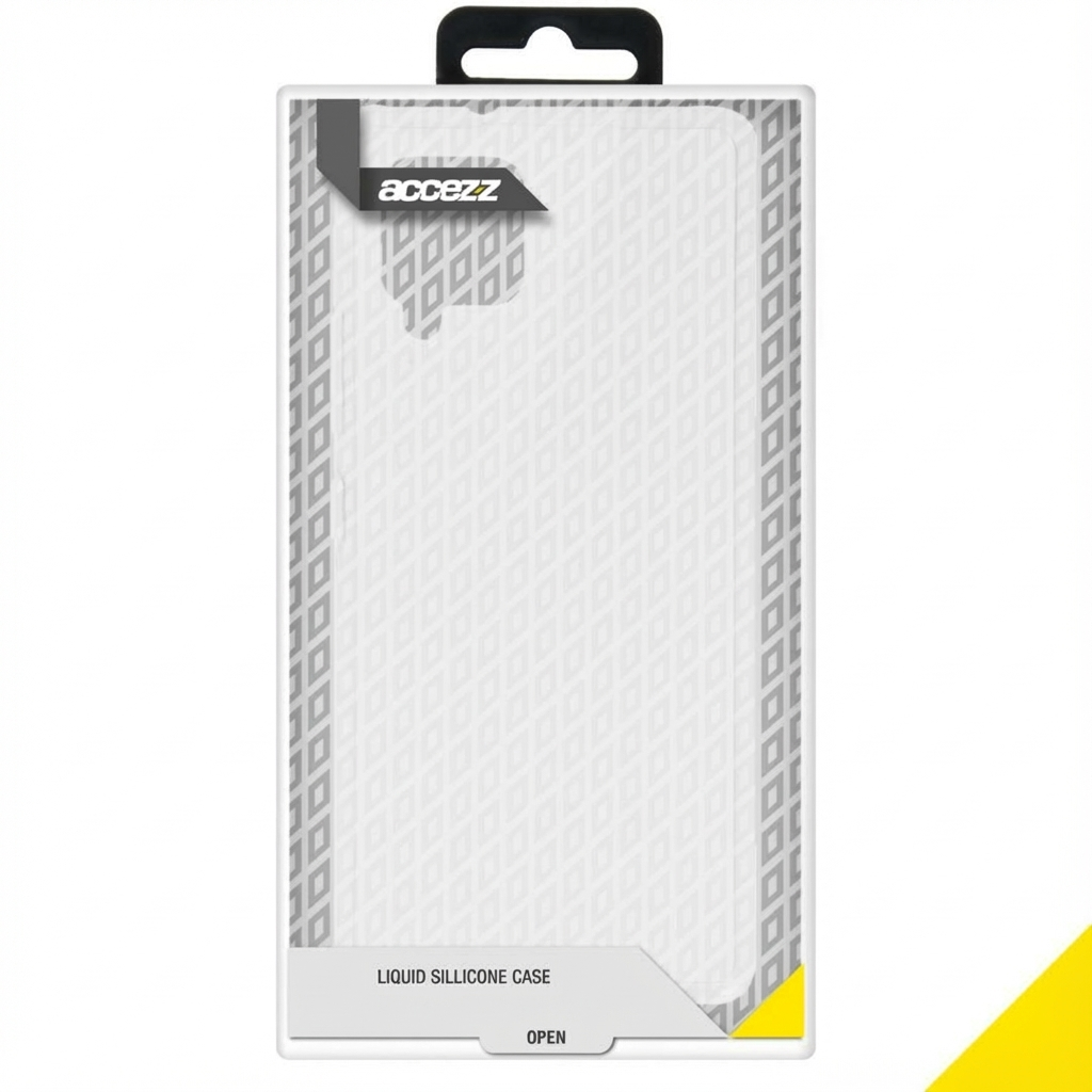 Confezione per cover in silicone liquido con marchio 'acezz'.