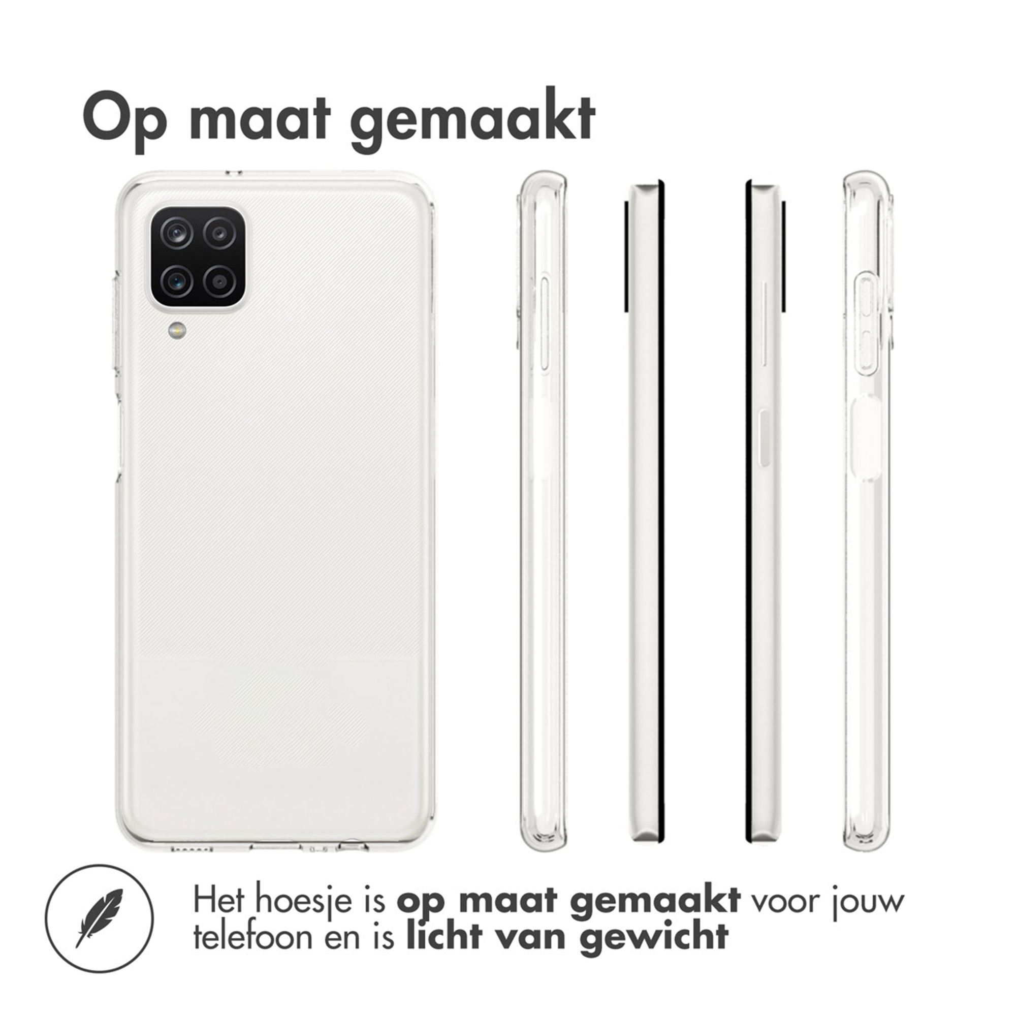 Clear phone case shown from front, side, and back. Lightweight case.