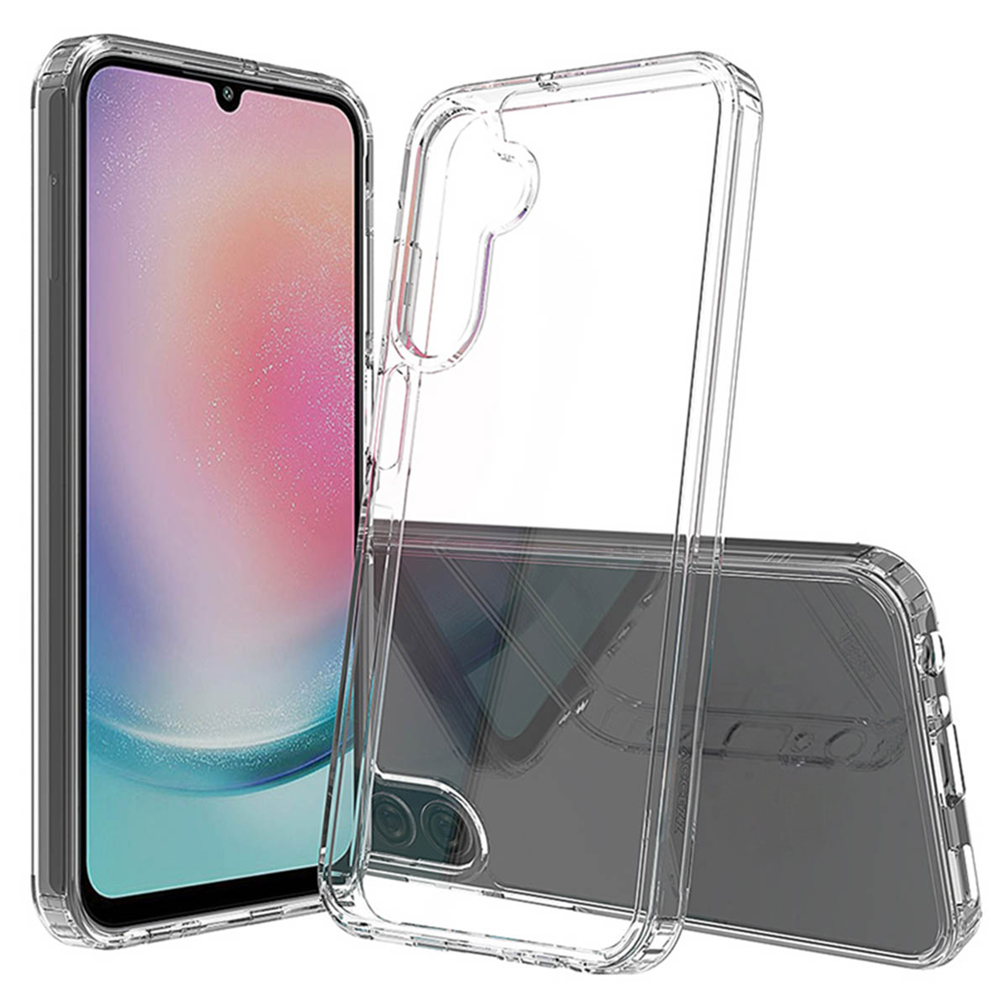 Uno smartphone in una custodia trasparente, adagiato su sfondo bianco.