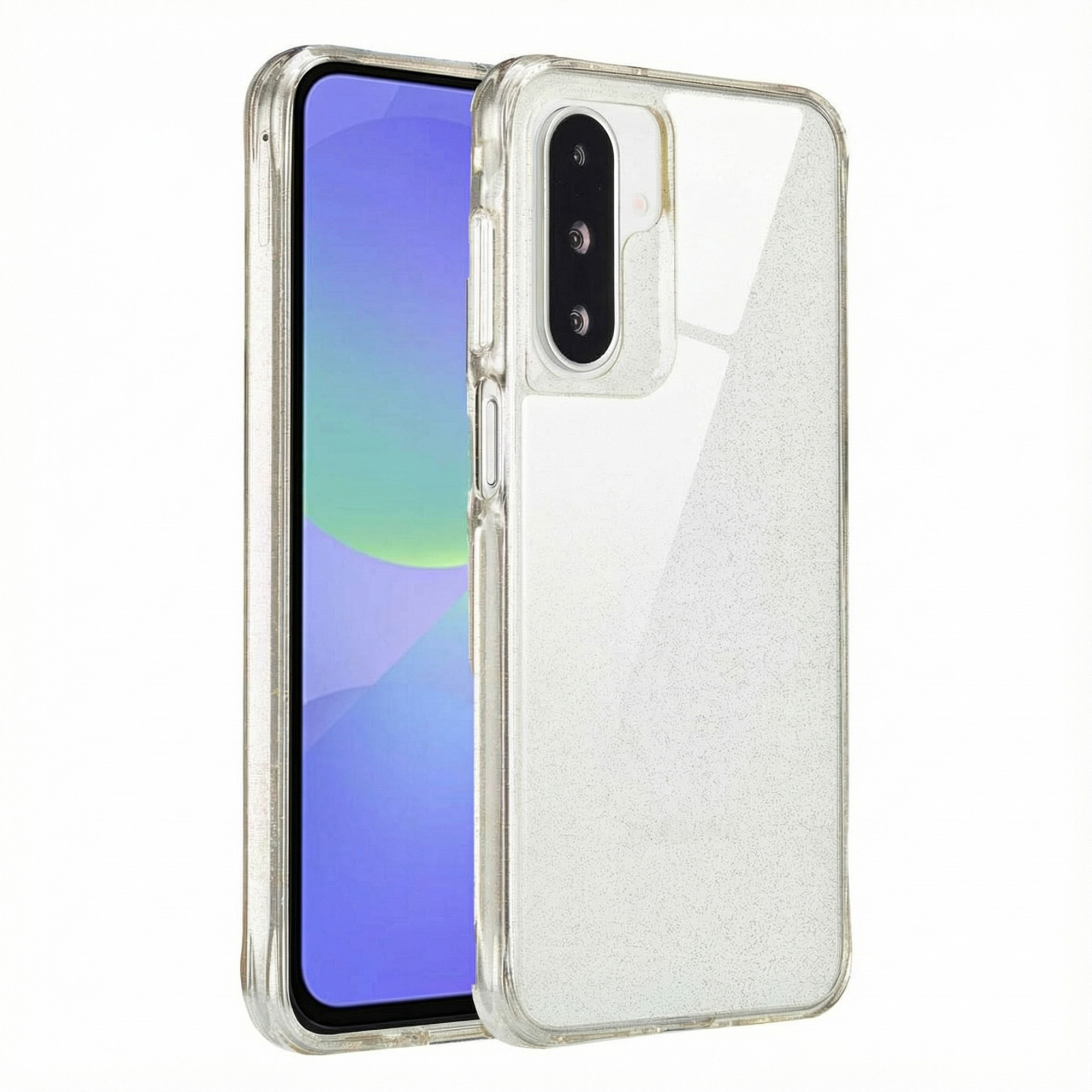 Una cover trasparente per telefono con glitter, con tripla fotocamera sul retro.