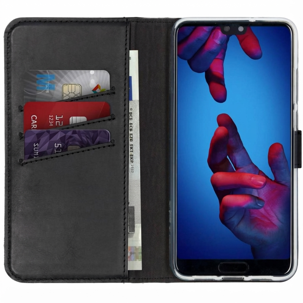 Black wallet case open with cards and cash, displaying a phone with two hands reaching.