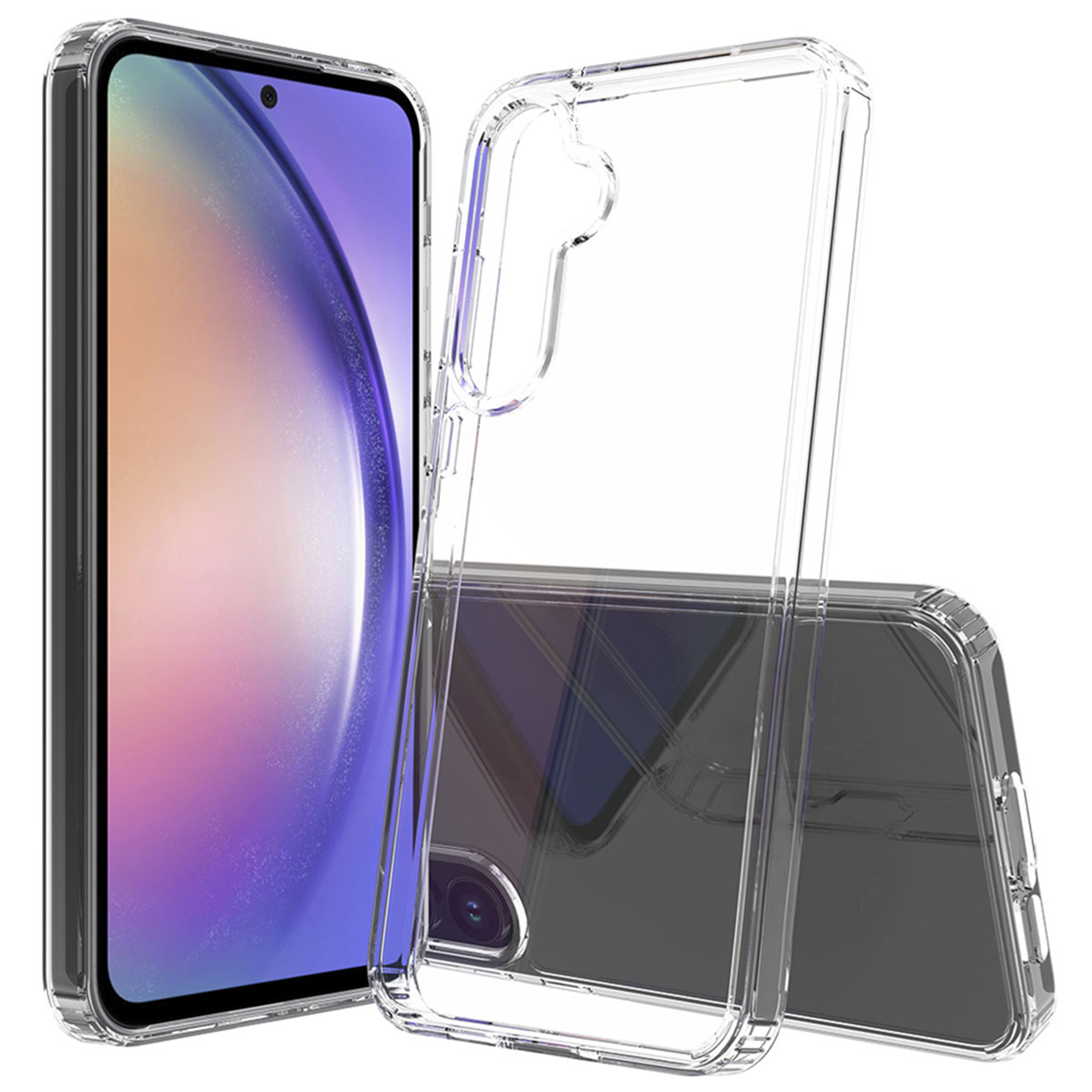 Una custodia trasparente per telefono è mostrata accanto a uno smartphone con schermo sfumato.