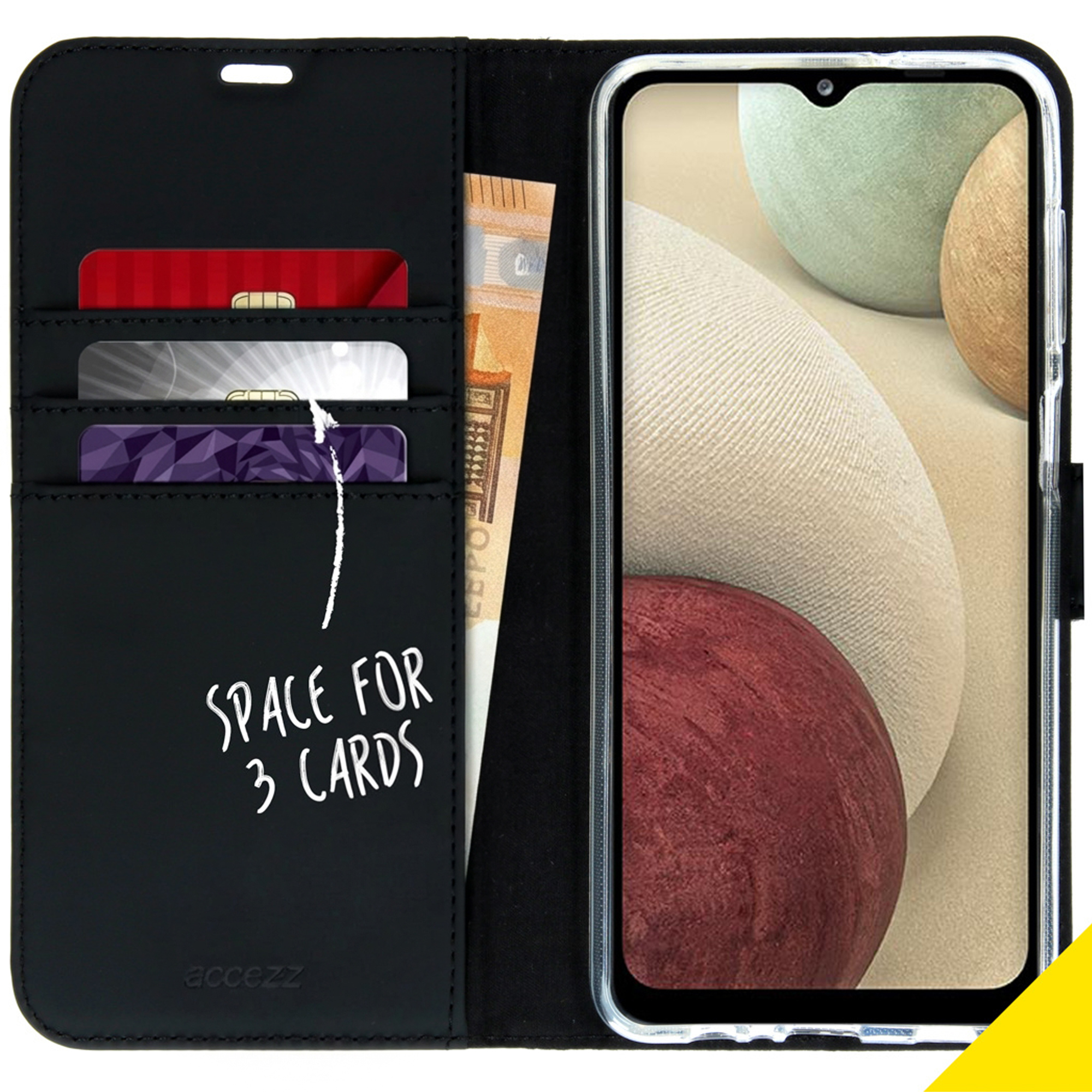 Custodia nera per telefono con slot per carte e tasca per soldi.